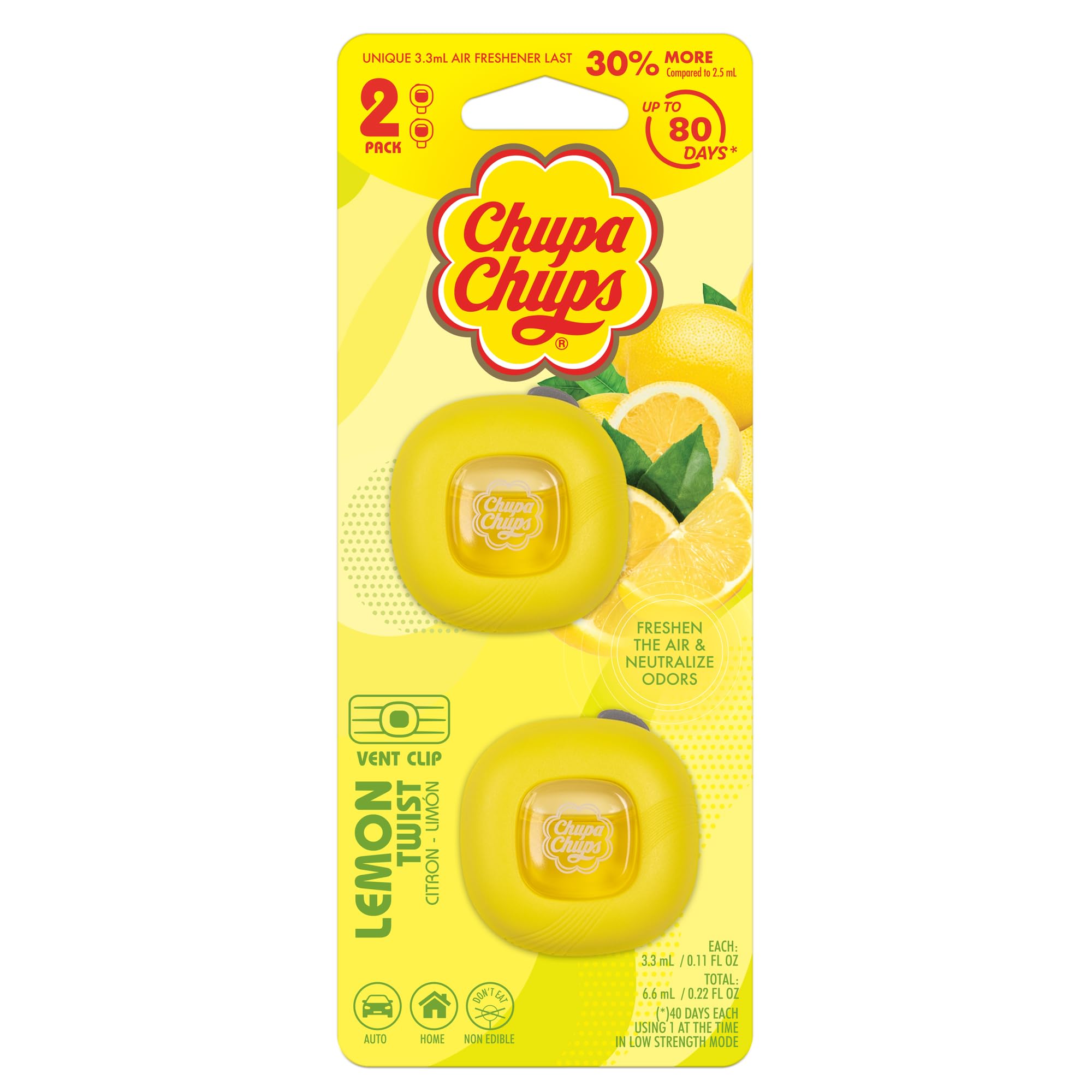 Chupa Chups Lemon Twist Air Freshener - Long Lasting, Fun Scents, Colorful, Unique Car Freshener Perfume Deodorizer - 2 Pack