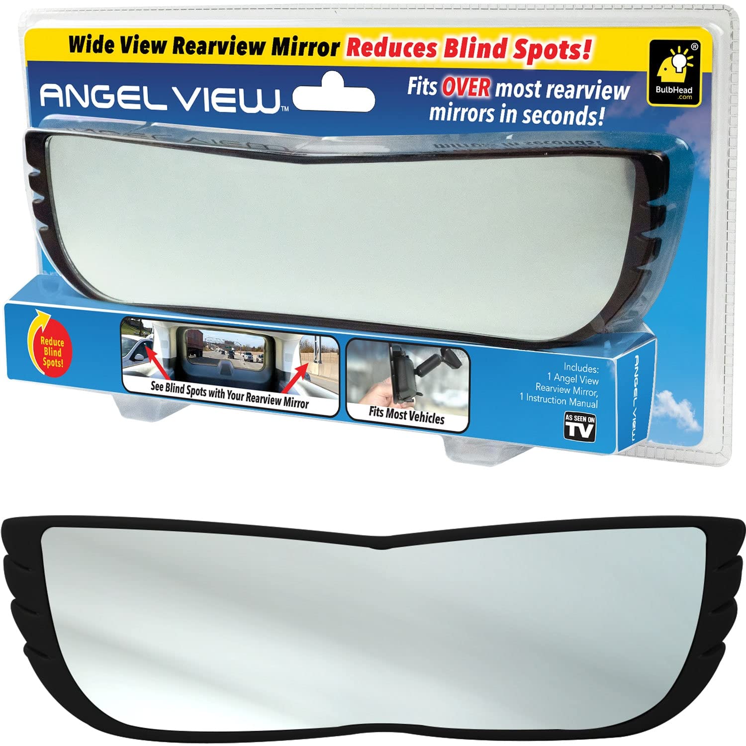 New Improved Angel View Wide-Angle Rearview Mirror AS-SEEN-ON-TV Reduce Blind Spots, Installs in Seconds, Fits Most Cars, SUVs &