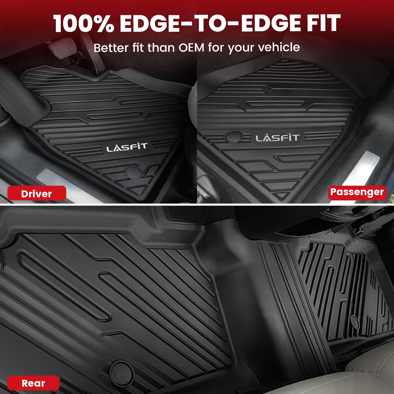 LASFIT TPE Floor Mats for Ford Explorer 2020-2025, 7 Passenger, Anti-Slip, Black, 4pcs, 1st-3rd Row Liners