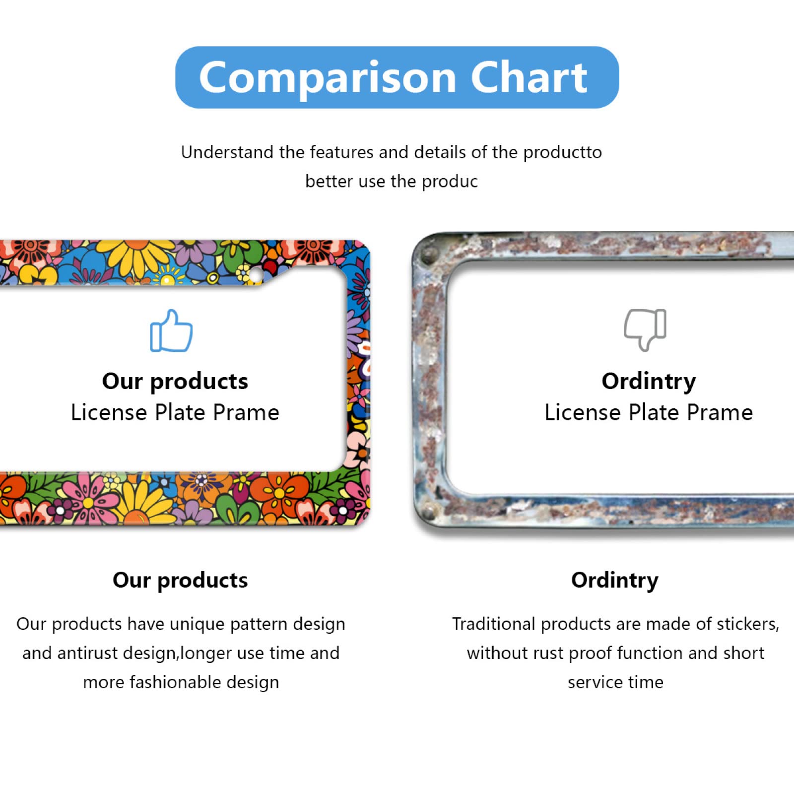 Meikosks Abstract Hippie Flowers License Plate Frame, Cute Floral Metal Aluminum Car Cover Tag Holder Frames,2 Holes with Screw