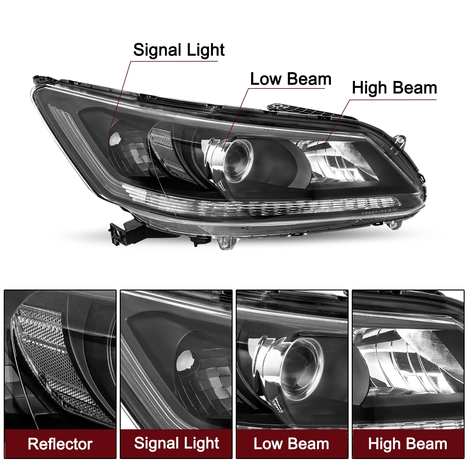 JSBOYAT Headlight Assembly w/LED DRL for 2013-2015 Honda Accord Sedan, Black Housing, Projector Model, Right & Left Side