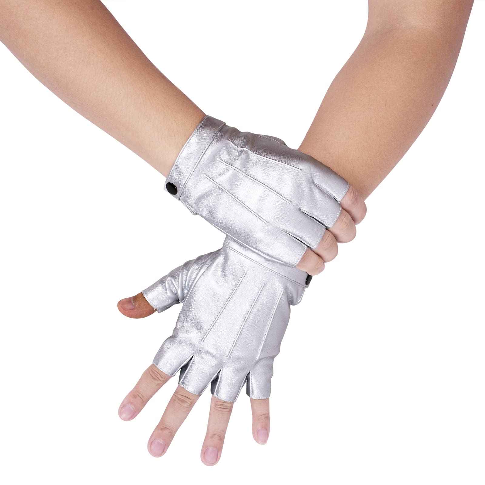Jisen Men Pu Leather Punk Half Finger Snap Performance Gloves Silver