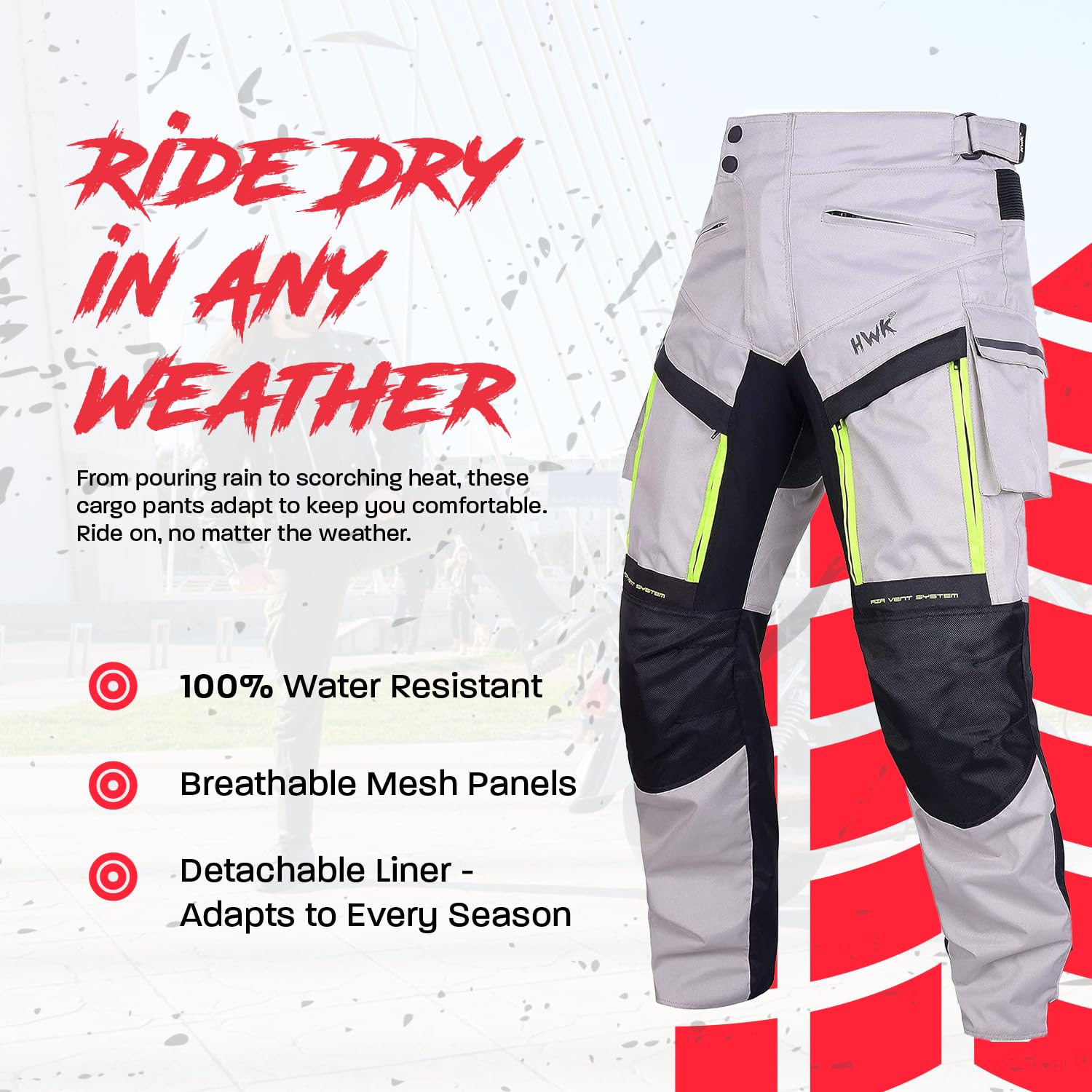 HWK Motorcycle Cargo Pants for Men - Waterproof, Hi-Vis, 4-Season, Waist 30''-32'', Inseam 30'', Silver - Model G-1