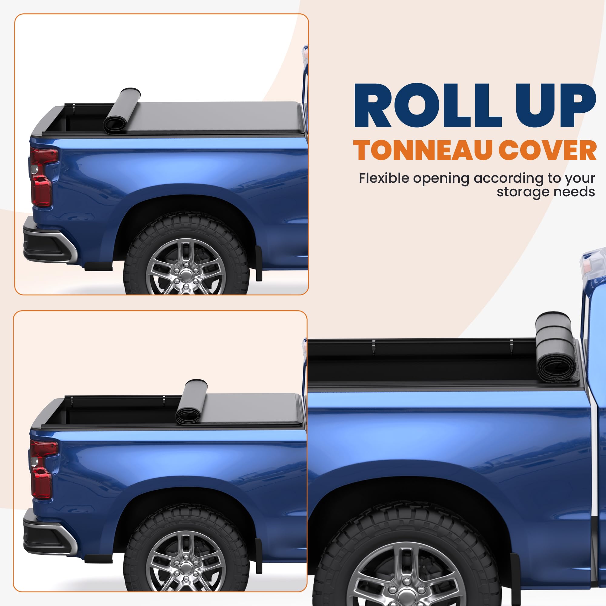 KUIPERAUTO 8FT Roll-Up Soft Vinyl Truck Bed Tonneau Cover Compatible for 14-18 Chevy Chevrolet Silverado/GMC Sierra 1500| 15-18