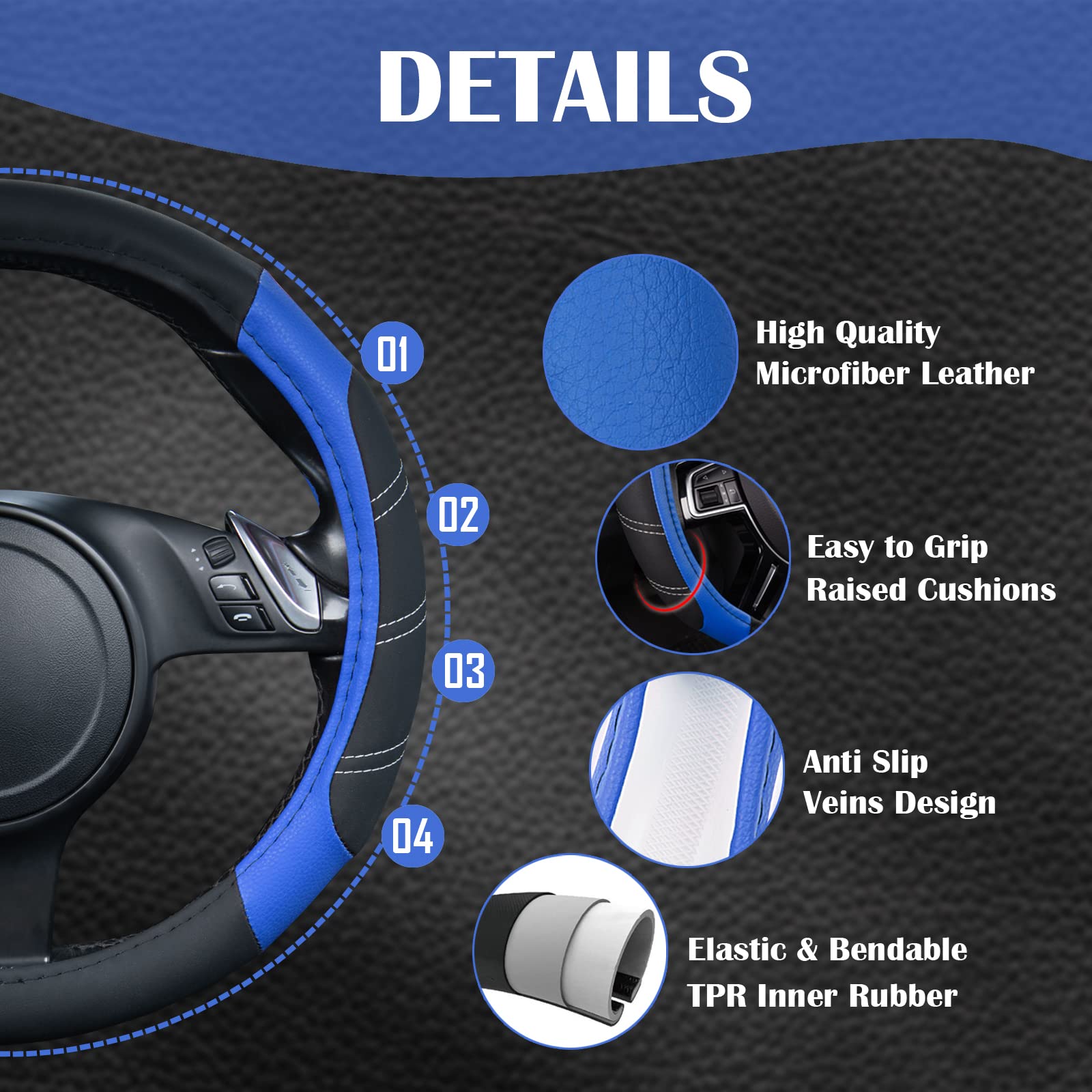 Car Pass Line Rider Microfiber 15.5-16 Inch Leather Sporty Steering Wheel Cover Universal Fits For Truck Suv Cars Pick Up, Anti-