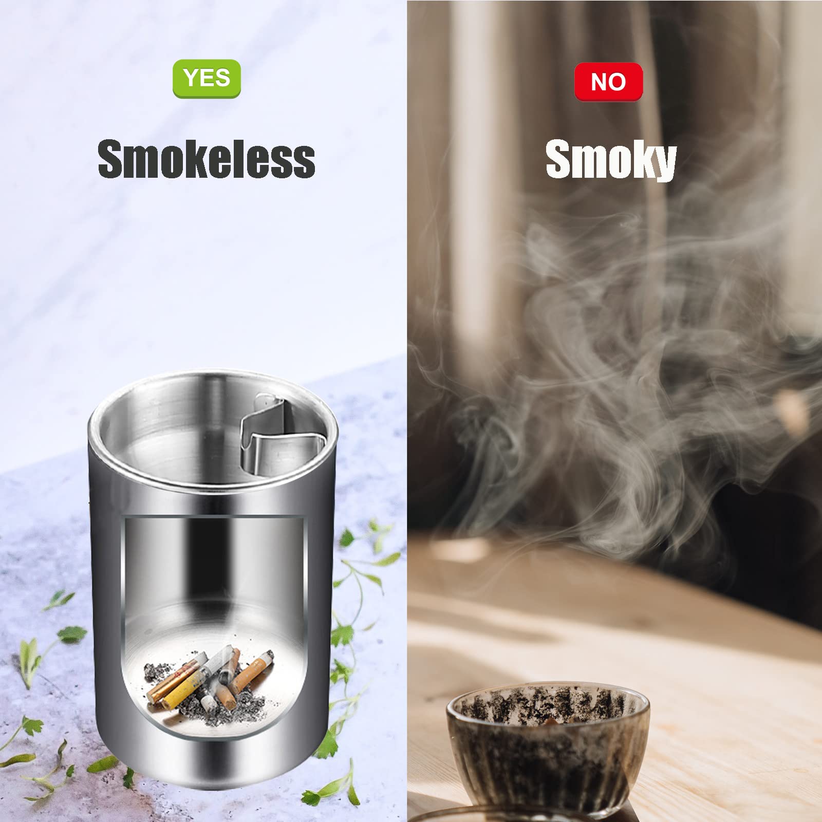 Car Ashtray, Car Ashtray with Lid Smell Proof, Stainless Steel Smokeless Ashtray Windproof for Indoor or Outdoor Use, Cool Ash T