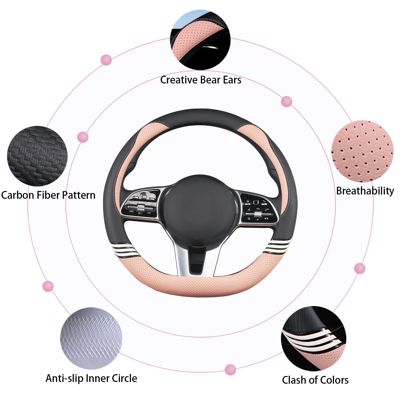 Binsheo Cute Steering Wheel Cover D Shape For Girls Women Universal 15 Inch,Black And Pink