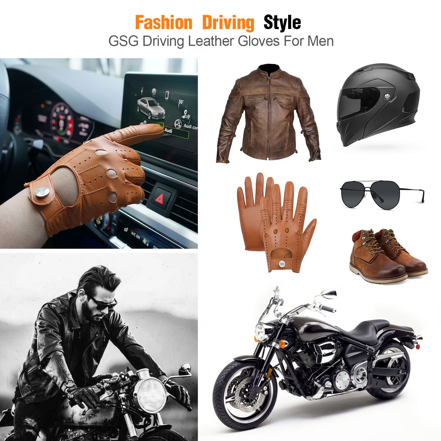 Gsg Men Leather Gloves Yellow Driving Cycling Touchscreen Motorcycle Unlined Gloves 11
