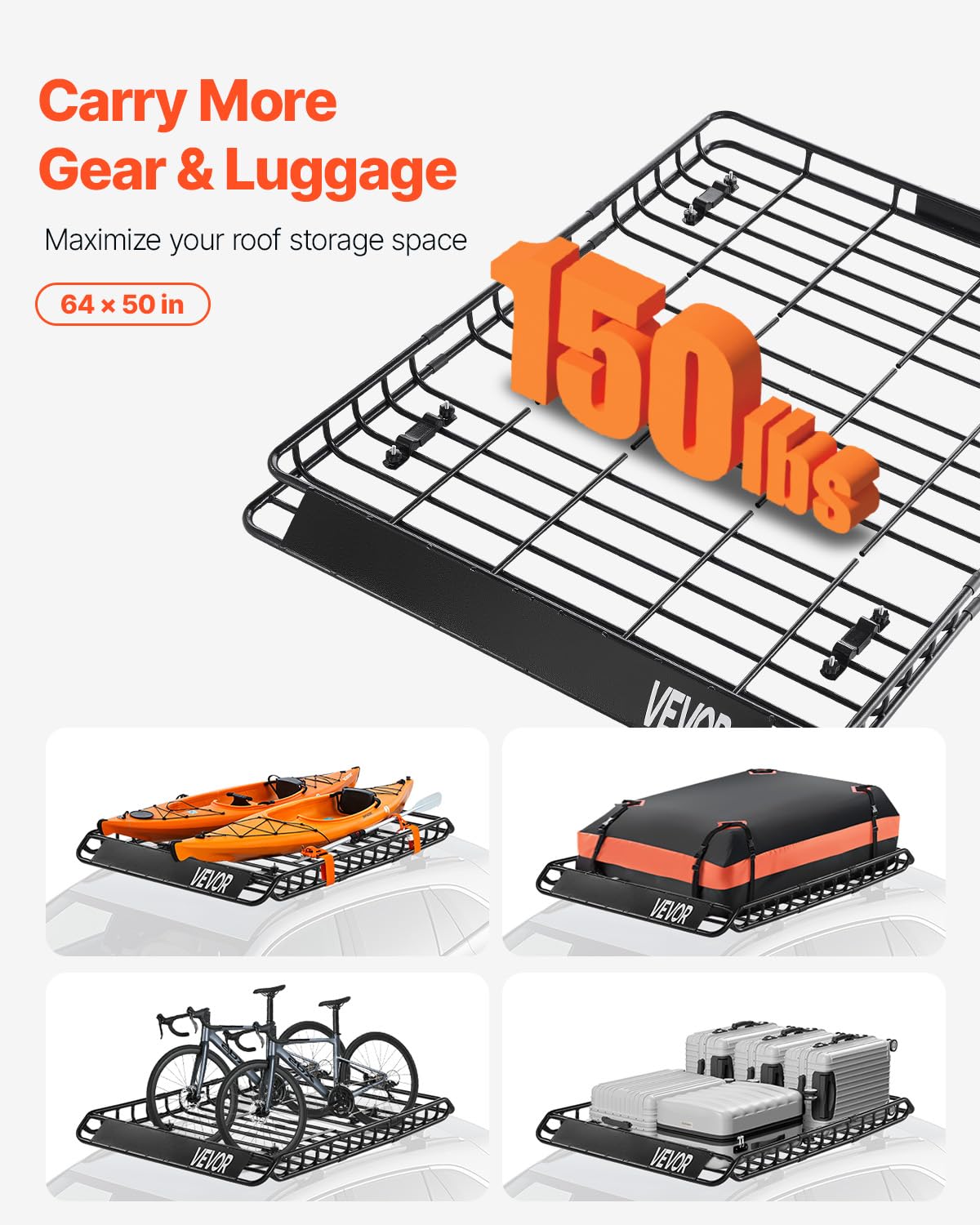 VEVOR Roof Rack Basket, Universal Cargo Carrier 64"x50", 150 lbs Capacity, Anti-Rust Alloy Steel, Includes Cargo Net, Model 1209-4