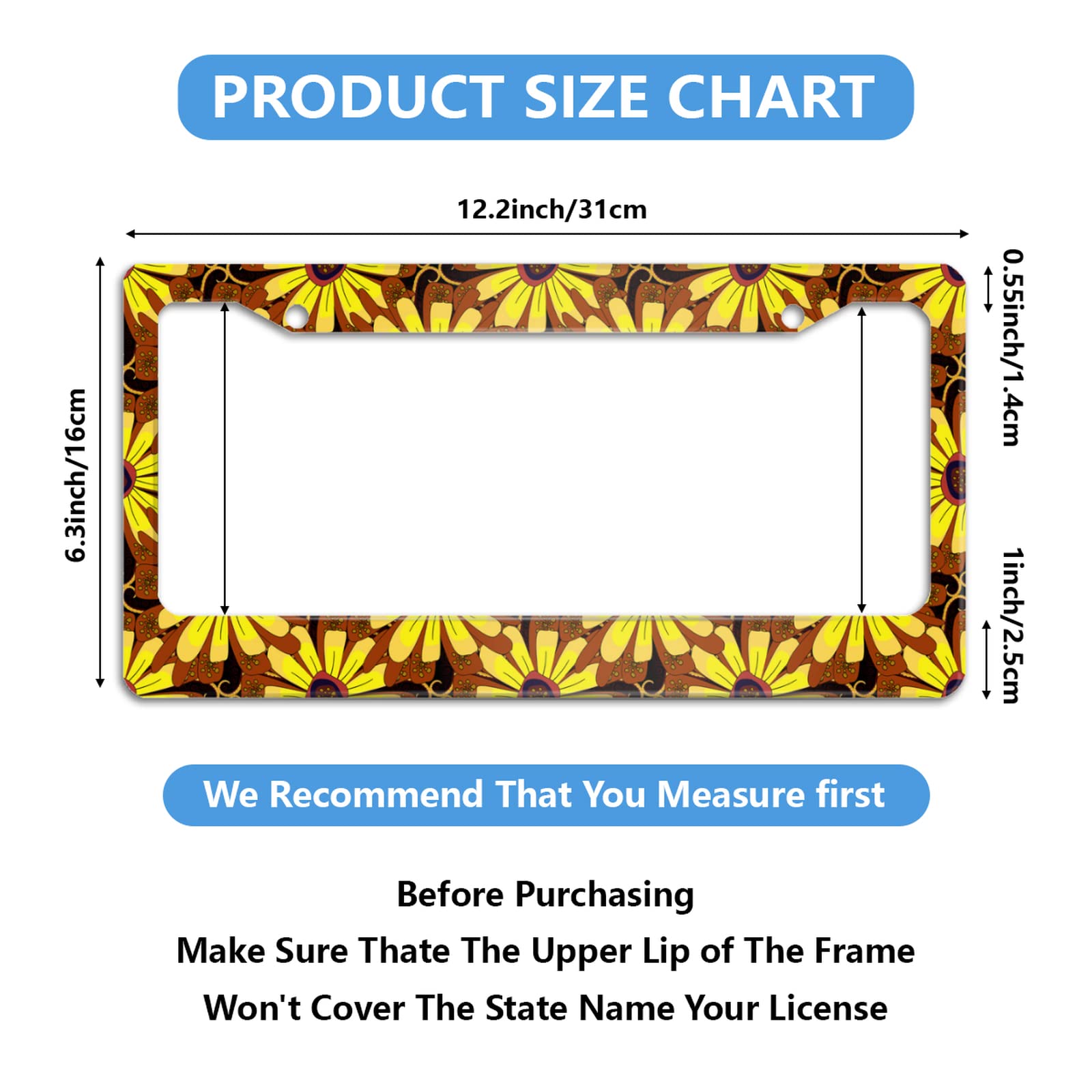 Meikosks Sunflower License Plate Frame,Metal Aluminum Car Cover Tag Holder Frames Cute Floral,2 Holes with Screw Caps for Women
