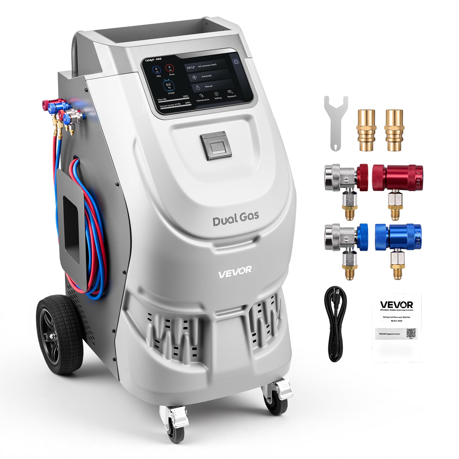 VEVOR Fully Automatic Refrigerant Recovery Machine for R134a & 1234fy, =98.5% Accuracy, 10-Inch Touch Screen, AC Recovery, Vacuu