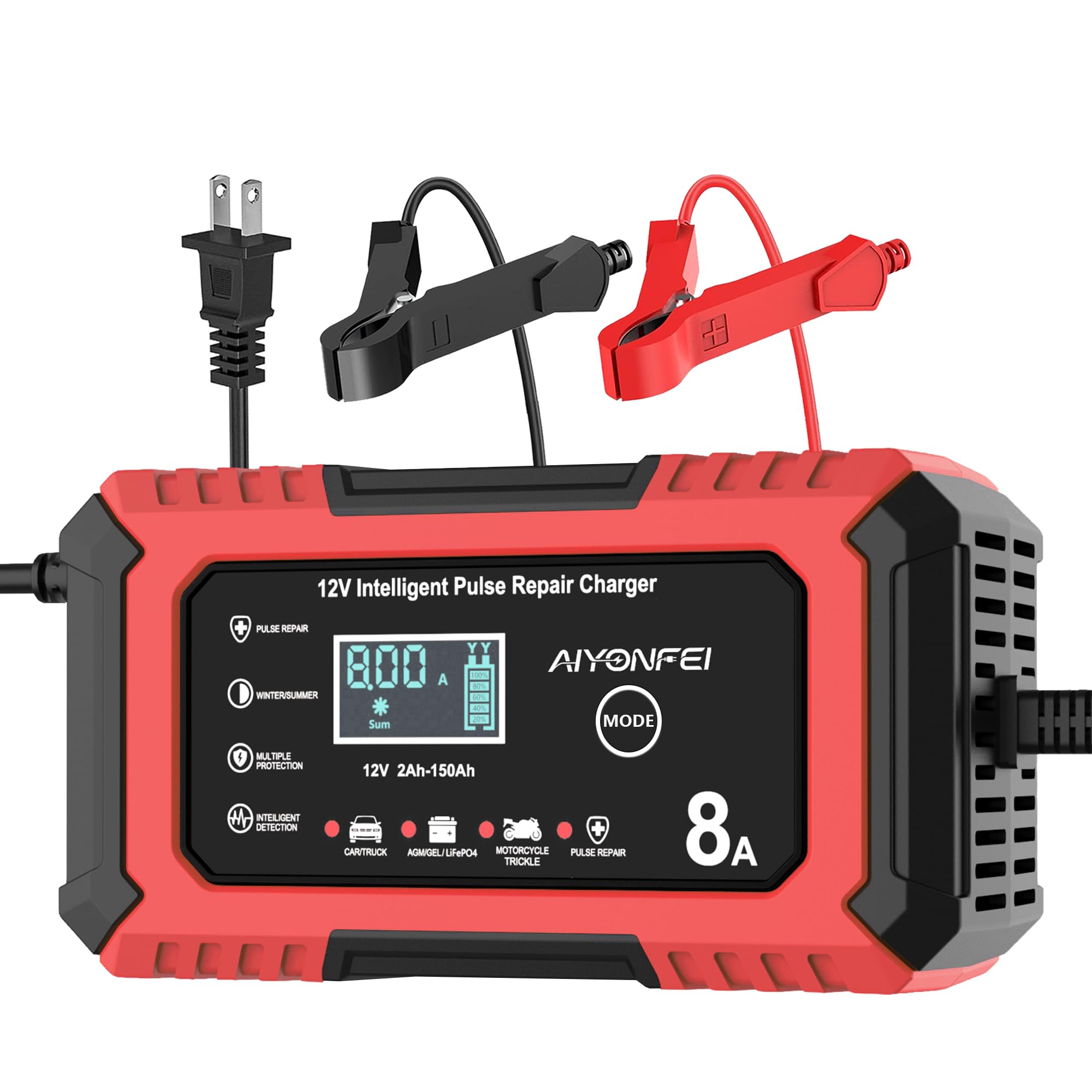 AIYONFEI 12V 8A Battery Charger, Smart Trickle Charger & Battery Maintainer, Desulfator, Temperature Compensation for LiFePO4, L