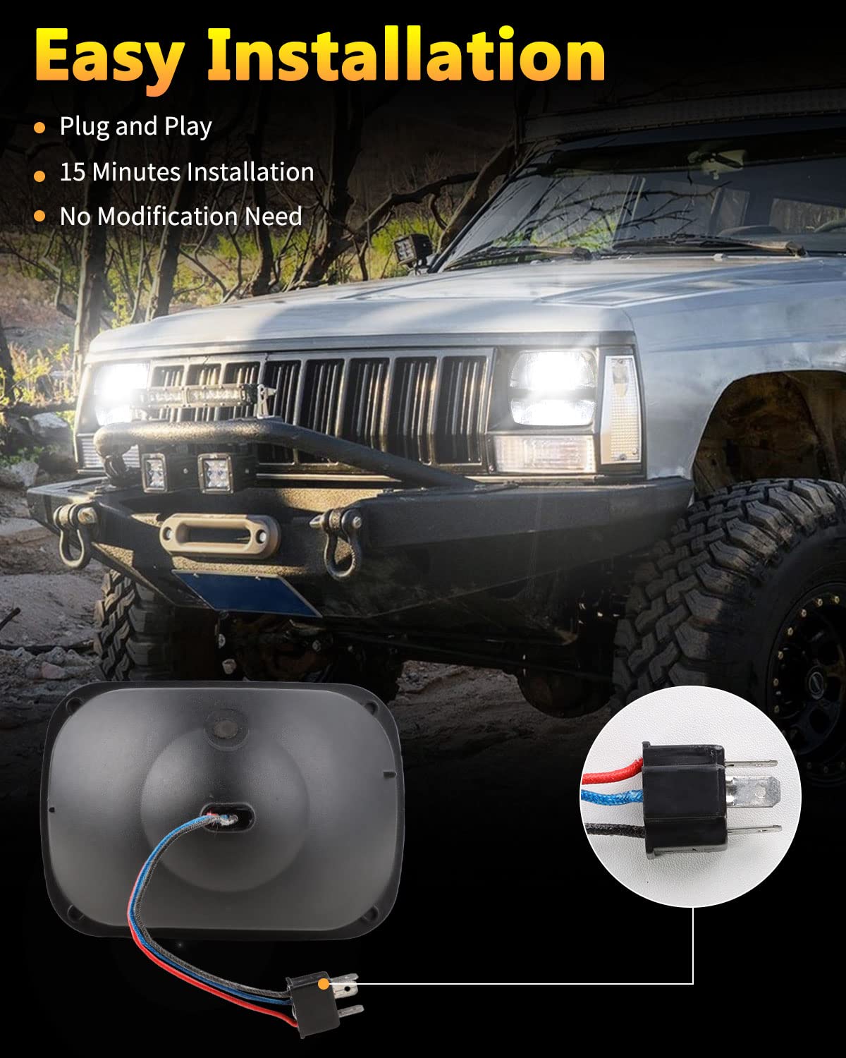 BICYACO 105W LED Headlight Pair, 5x7 Inches, High/Low Beam, Polycarbonate Lens, Black, Compatible with Jeep Wrangler YJ/XJ, Model 854208