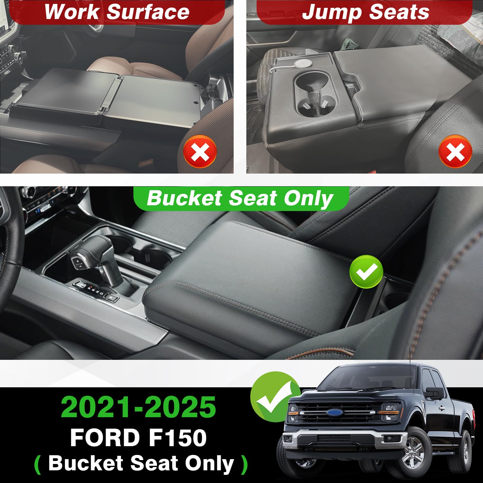 Muslogy Center Console Armrest Cover for Ford F150 2021-2026, Extra Thick Vegan Leather, Bucket Seat Only, Model MUS-ACEXTRA-44H