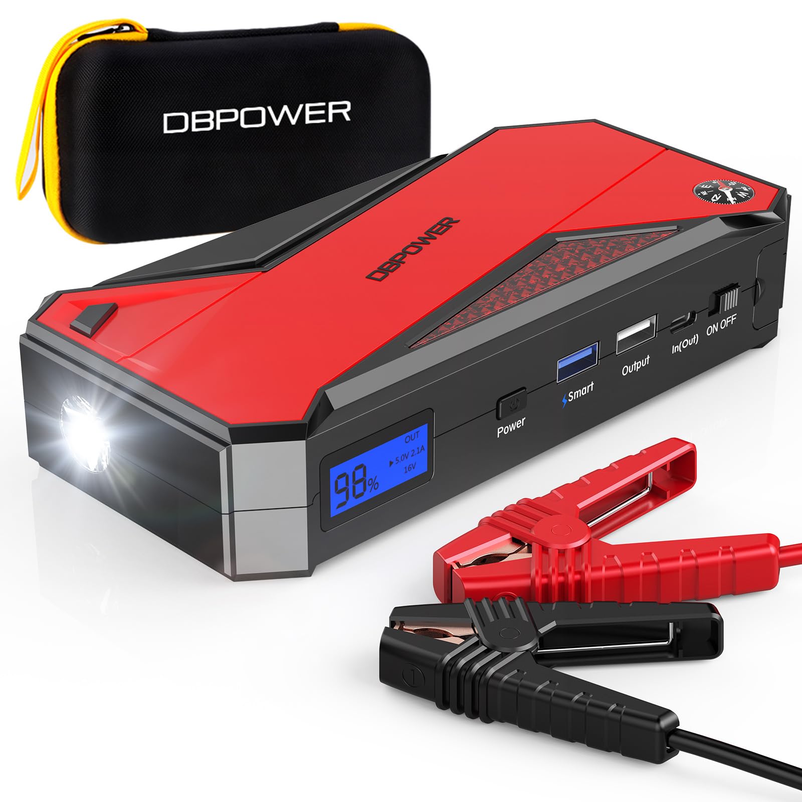DBPOWER DJS90 Portable Car Jump Starter 2000A, 18000mAh, with Smart Charging, Compass, LCD Screen, LED Light, Black/Red
