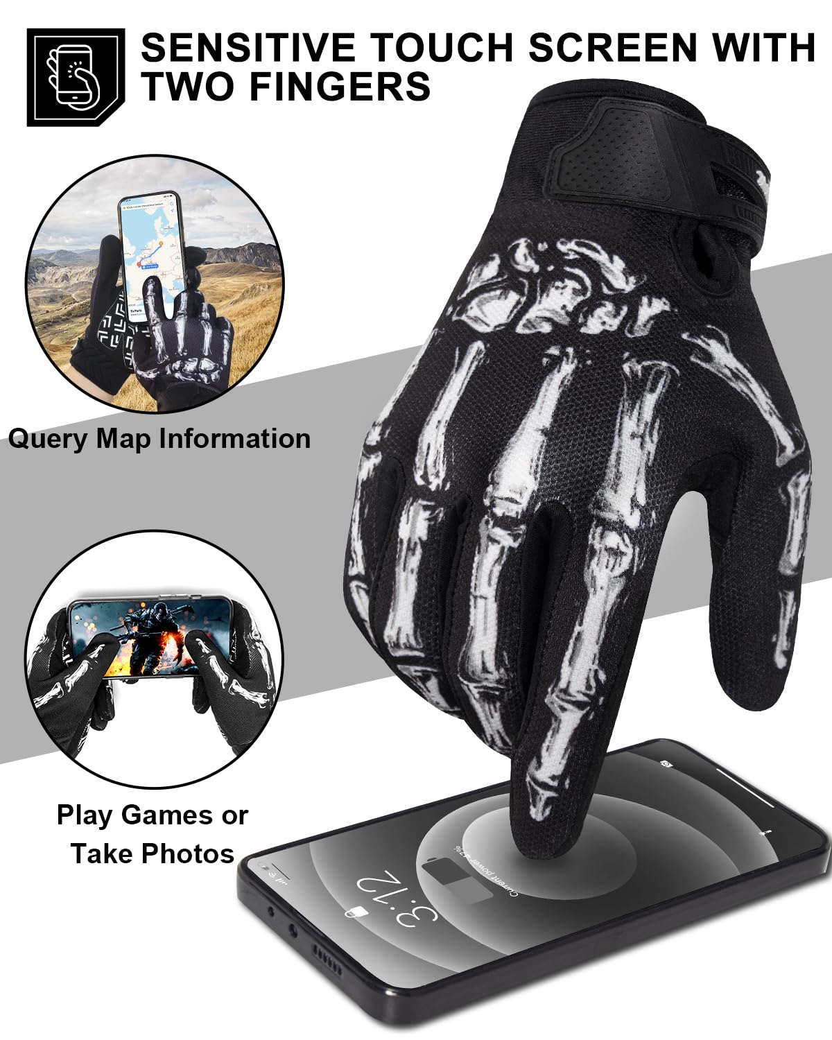 RIGWARL Men's Touchscreen Skeleton Gloves, Medium, White Skeleton, Spandex, for Motorcycle, Mountain Bike, Cycling, Motocross, ATV, BMX
