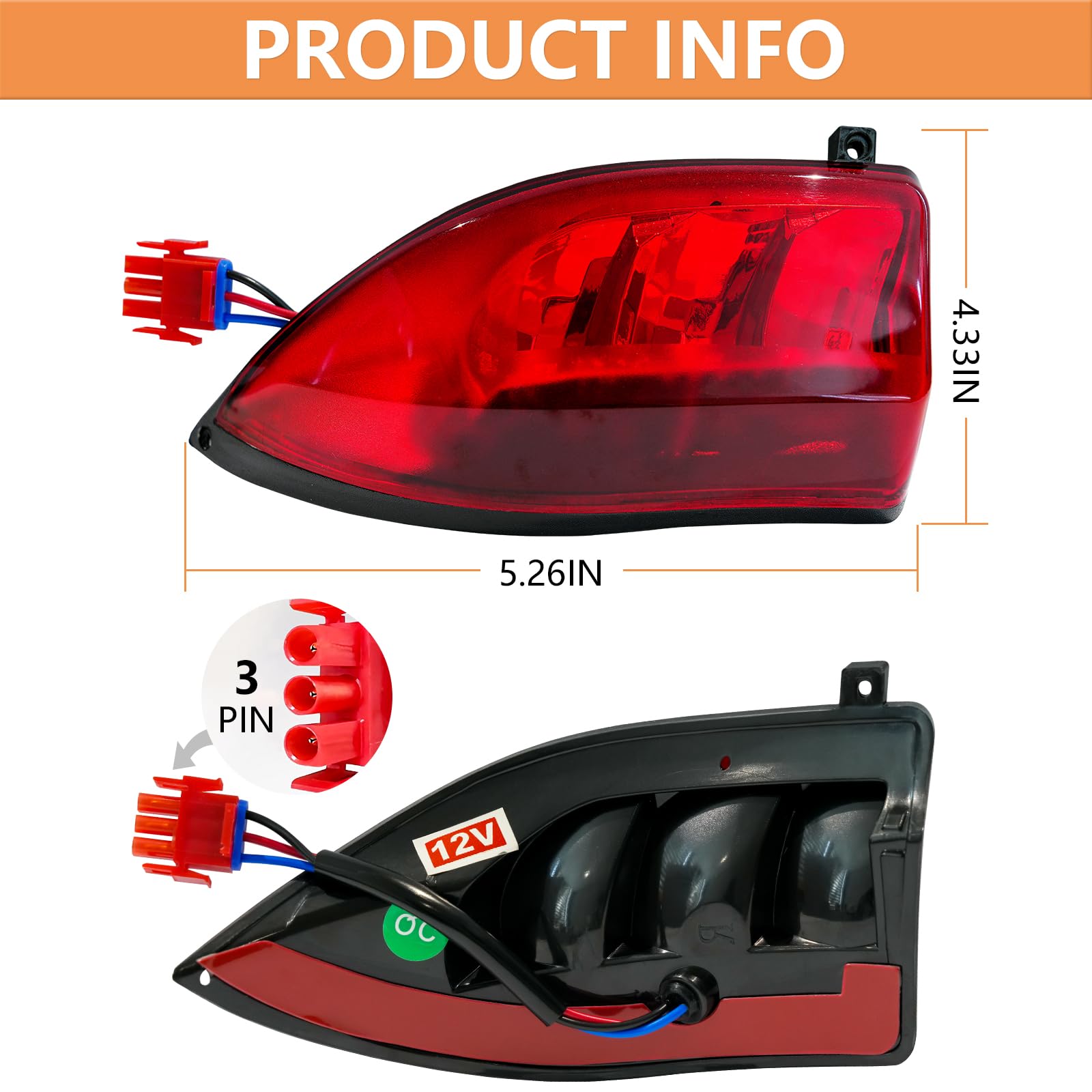 Drive-up Golf Cart LED Taillight Kit for Club Car Precedent/T Tempo, 12V, Black, 3 Wires, Rear Light Replacement