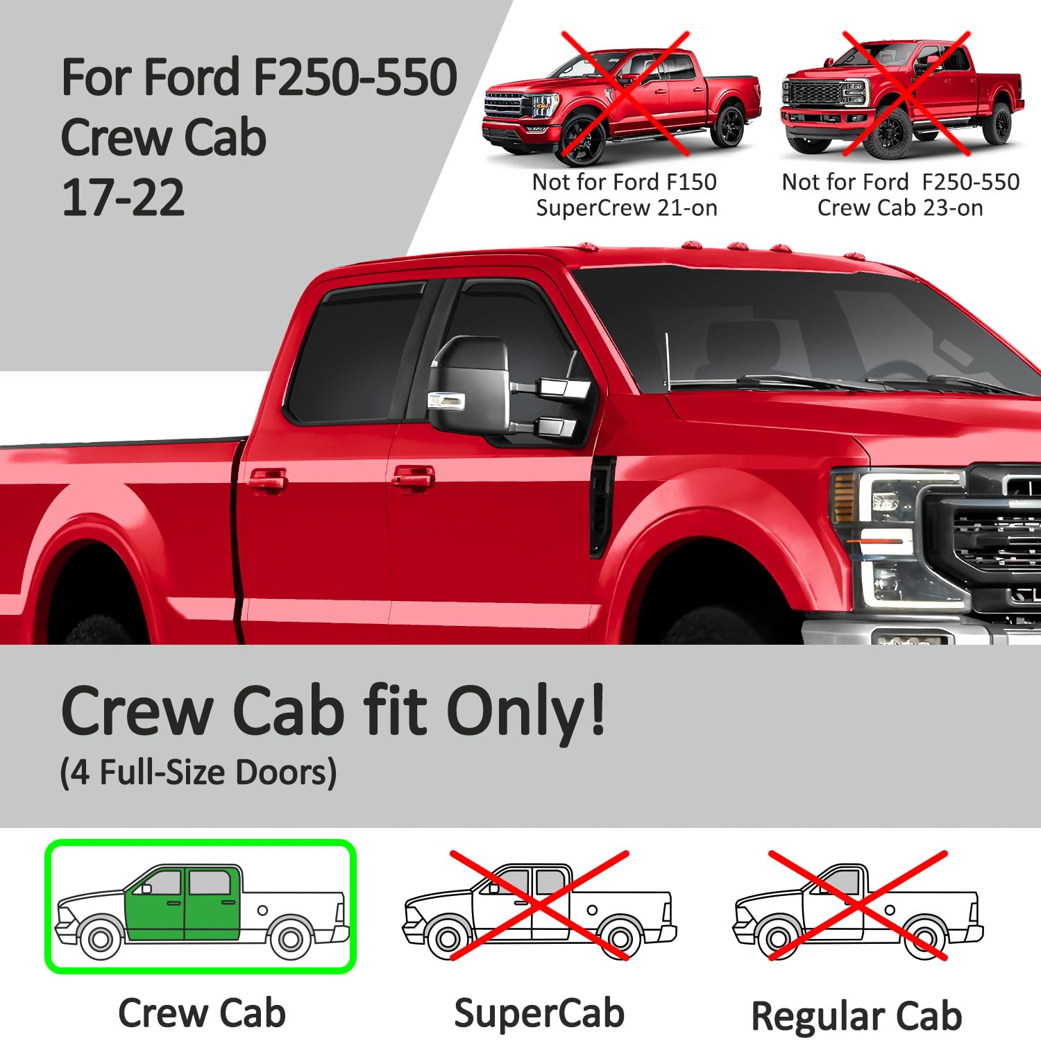 Voron Glass Rain Guards for Ford F250-F550 2017-2022, Durable Polycarbonate Window Deflectors, 4-Piece Set, Crew Cab