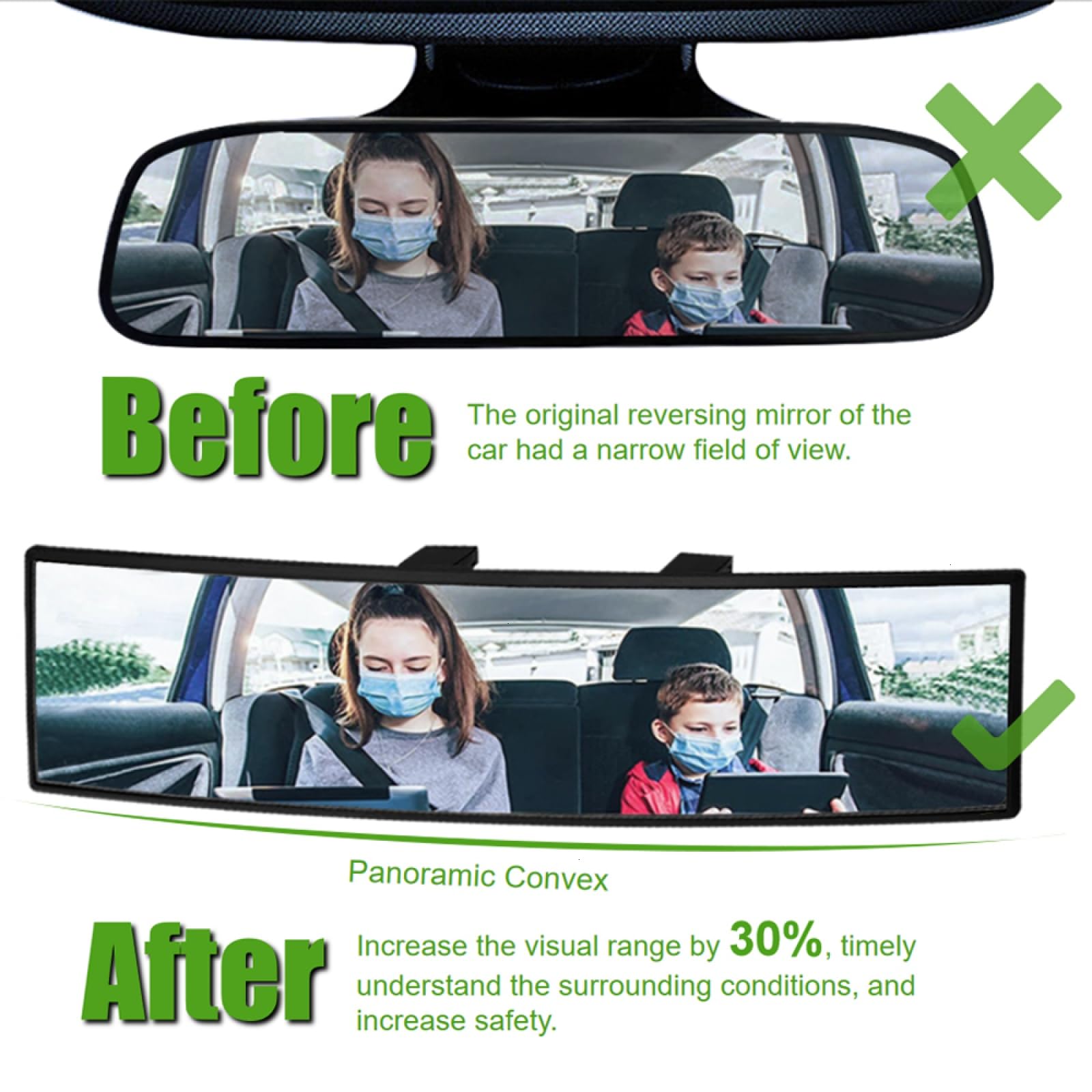 WSSROGY Car Rearview Mirror HD Glass 12 Inch Anti Glare Clip On Panoramic Wide Angle Car Interior Rear View Mirror Universal for