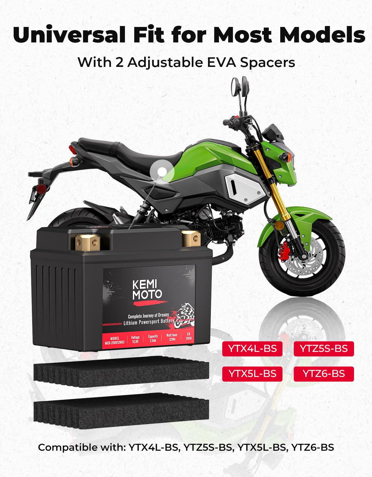 KEMIMOTO Lithium Motorcycle Battery YTX5L-BS, 12V 2.5Ah, Pre-Charged Powersports Battery with EVA Spacers, Compatible with ATV & Jet