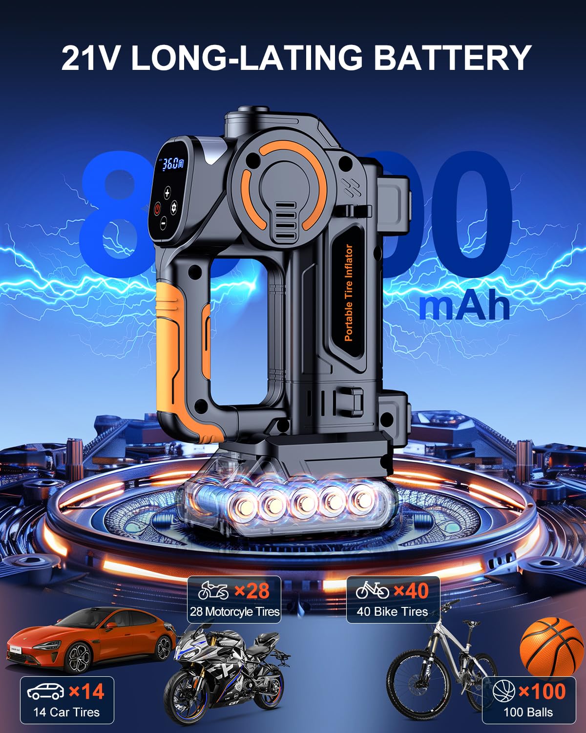 Zopom Portable Air Compressor - 160 Psi, 21V Battery, Lcd Display, Led Flashlight, Triple Cooling System, 4+N Inflation Modes, O