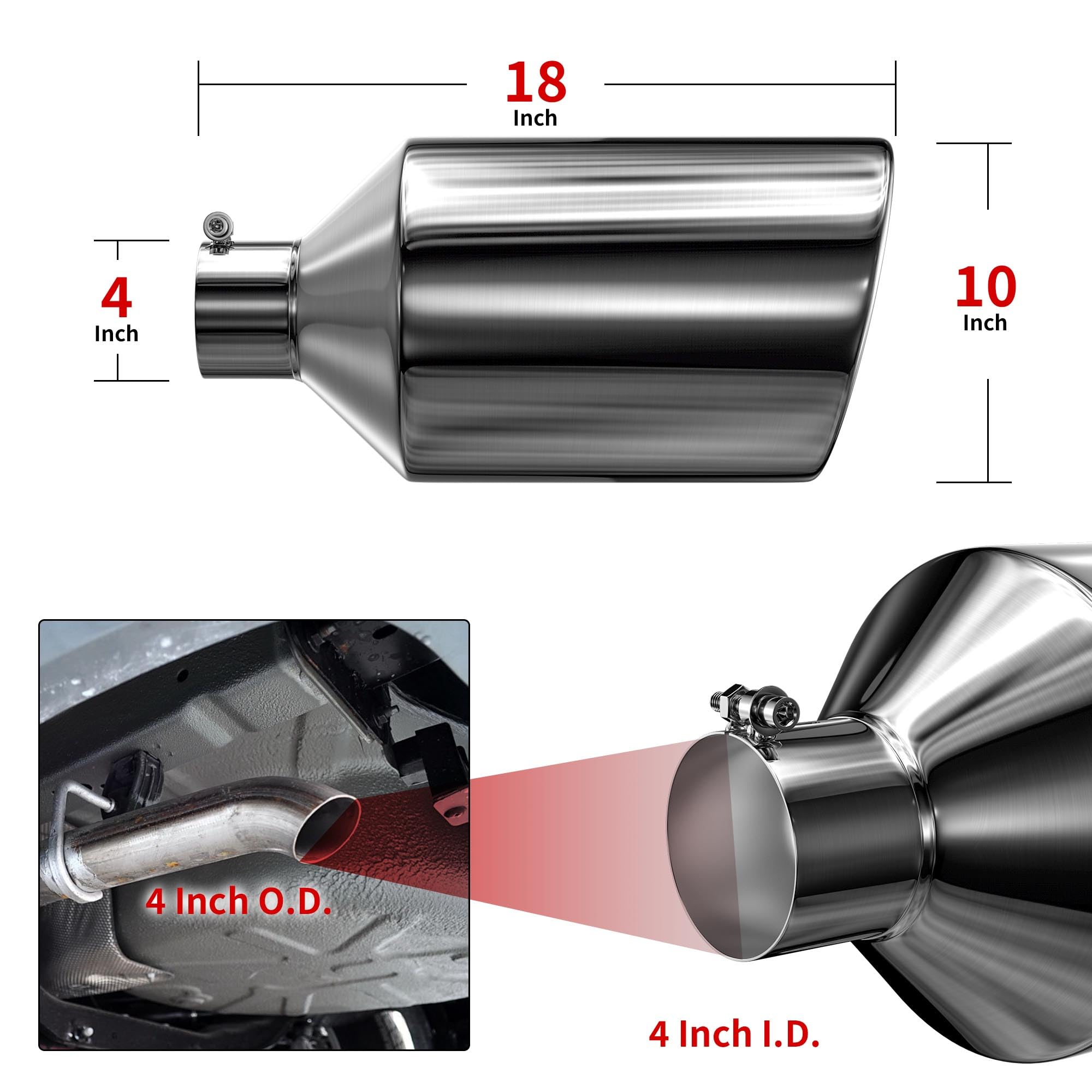 Richeer Stainless Steel Exhaust Tip, 4" Inlet, 10" Outlet, 18" Length, Polished Finish, Universal Fit for 4" O.D. Tailpipes
