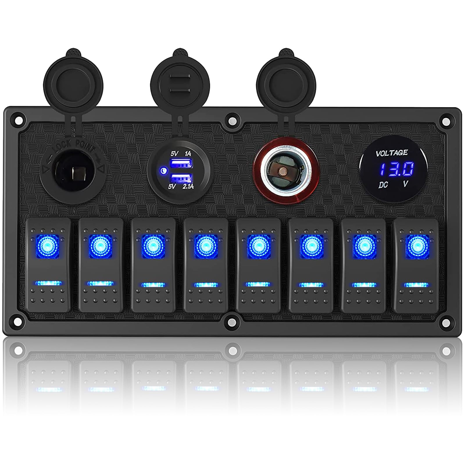 Marine Switch Panel,8 Gang Waterproof Rocker Switch Panel,Multi Function Dual USB Slot Socket with Digital Voltmeter,12-24V Pre-