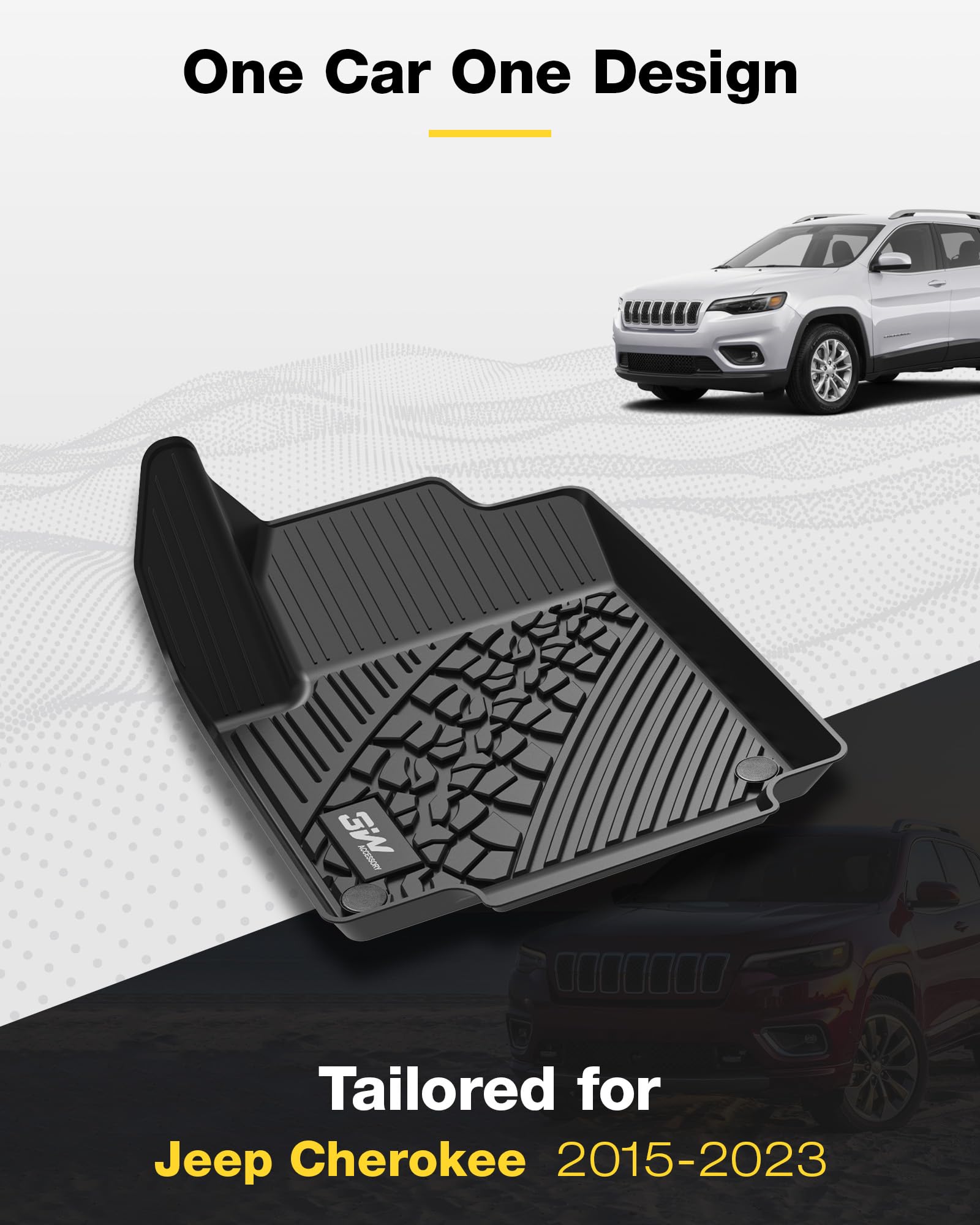 3W Jeep Cherokee 2015-2023 TPE Floor Mats Full Set, Black - 1st & 2nd Row Car Mats