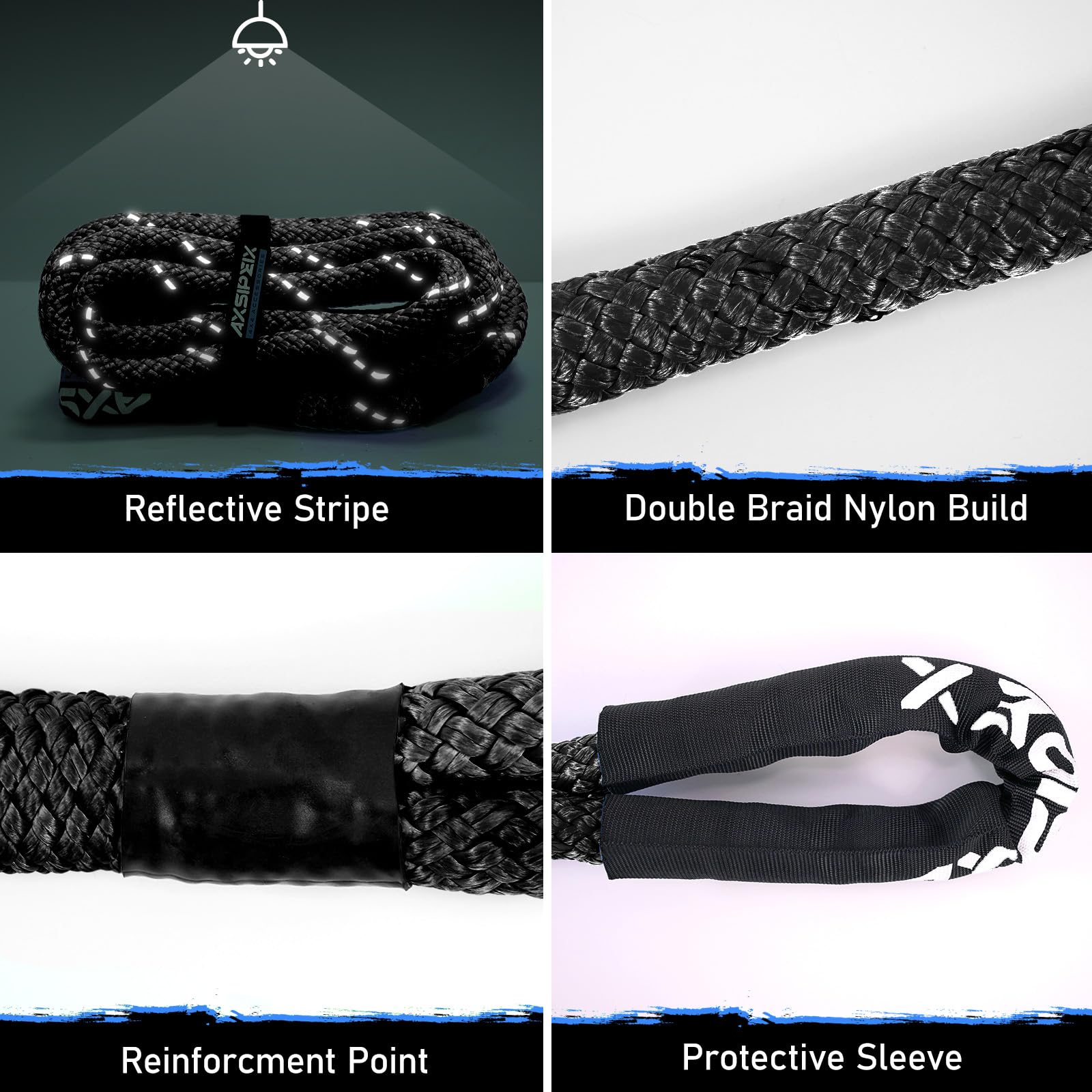 Axsipeix 1''  30Ft Kinetic Recovery Rope (48,500Lbs) Heavy Duty Offroad Kinetic Rope For Utv, Atv, Truck, Car (Black).