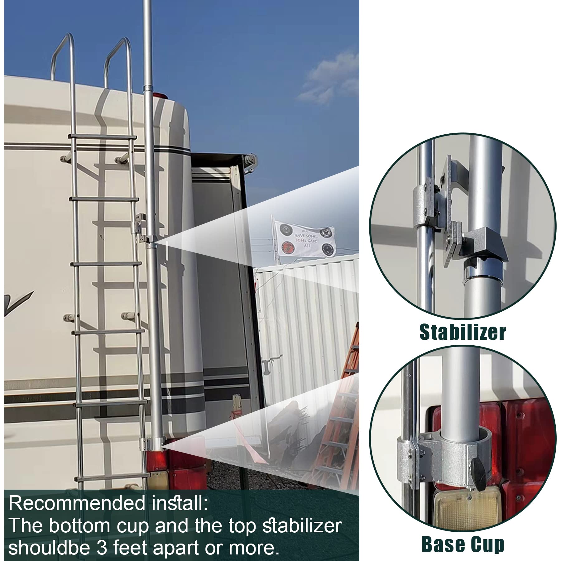 EEZ RV Products Aluminum Flag & Wind Sock Pole Mount for RV Ladders - Adjustable for 2.5" Diameter Poles, Fits 1" Ladder Rails, Compact Design