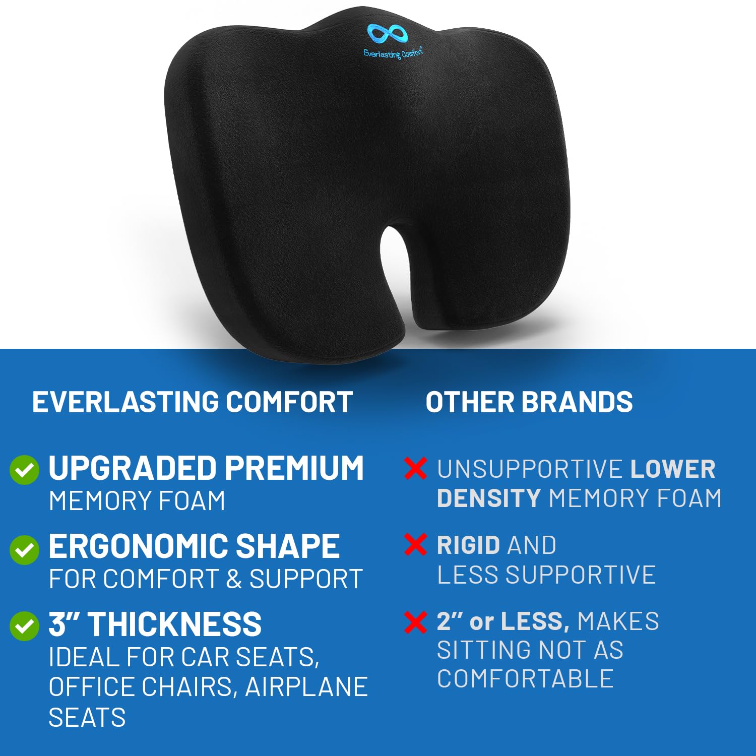 Everlasting Comfort Memory Foam Seat Cushion - Large, Black Upgraded, Ergonomic Design for Tailbone Pain Relief & Sciatica