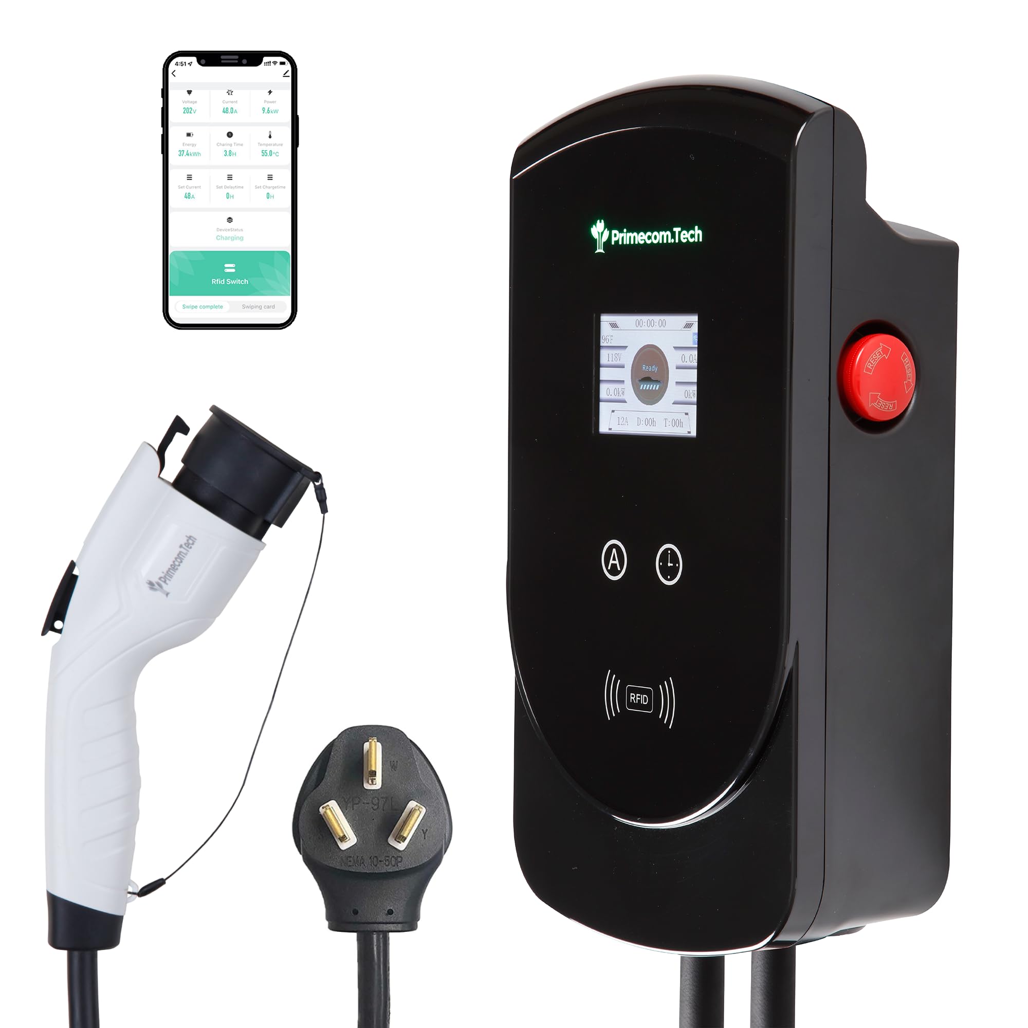50 Amp - PRIMECOM.TECH Level-2 Smart Electric Vehicle Home Charging Station 220 Volt for Tesla and All EV Brands 30' Feet Length