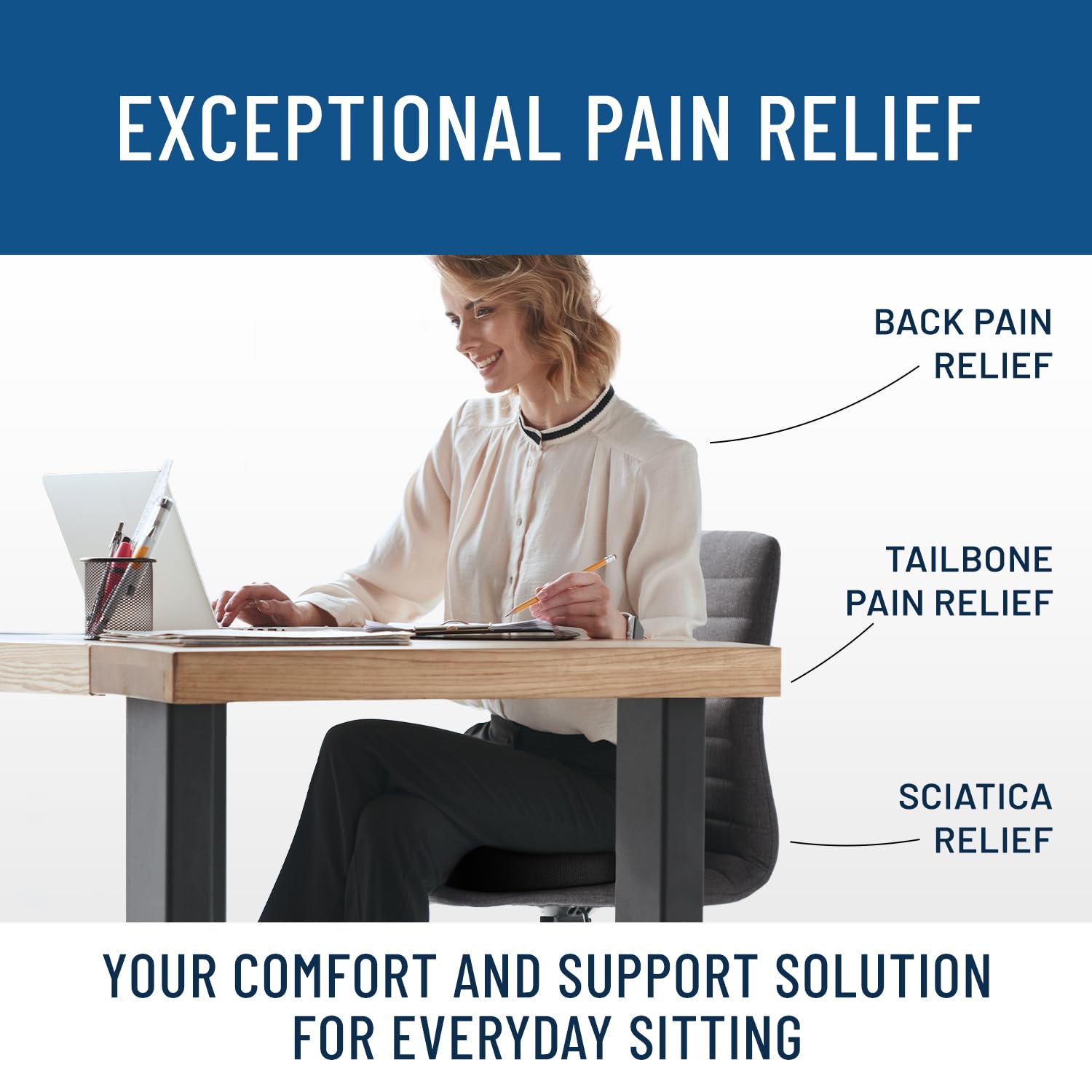 Everlasting Comfort Luxe Gel Infused Seat Cushion - Large Black Memory Foam for Tailbone Pain Relief