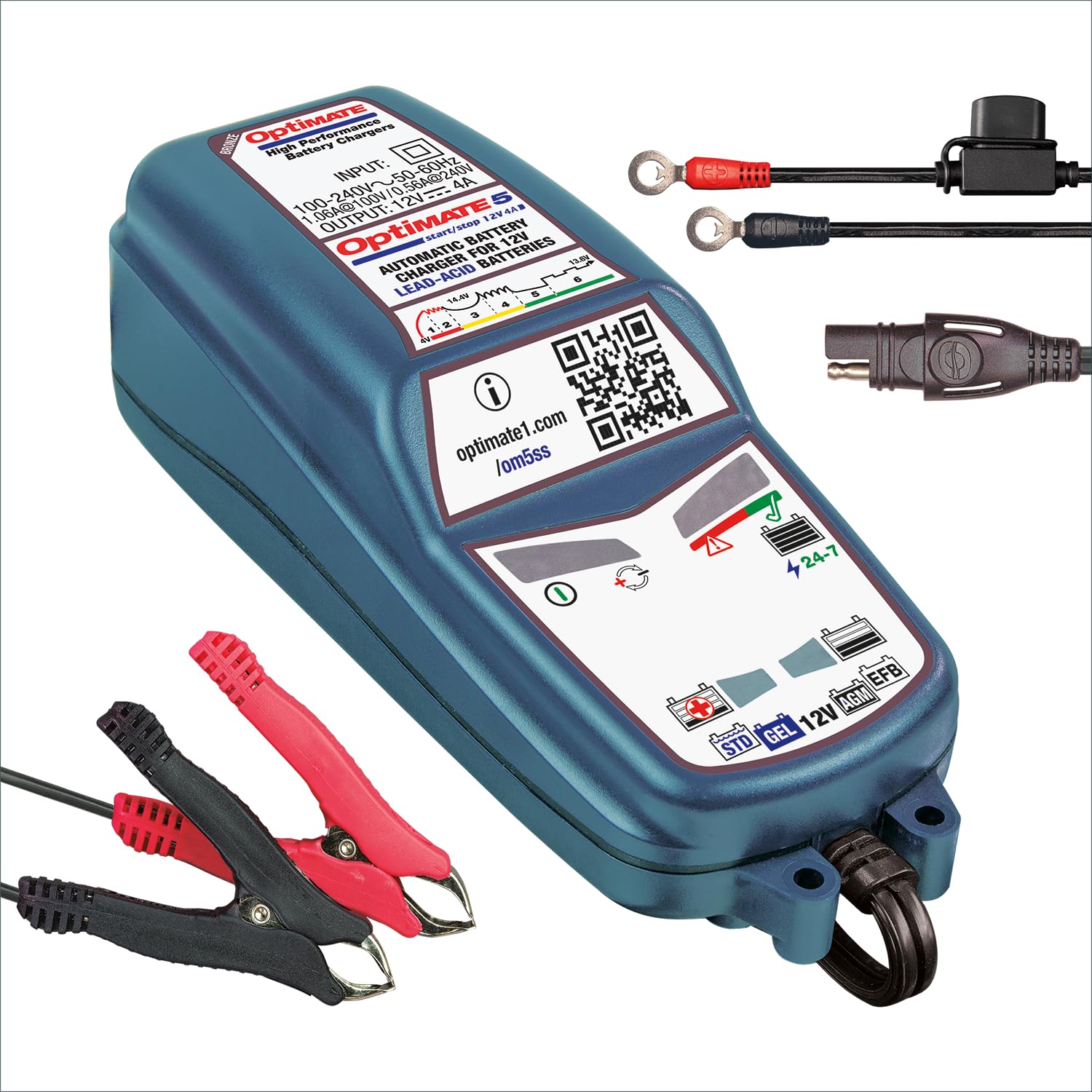 Tecmate Optimate 5 Start/Stop, Tm-221, 6-Step 12V 4A Battery Saving Charger-Tester-Maintainer
