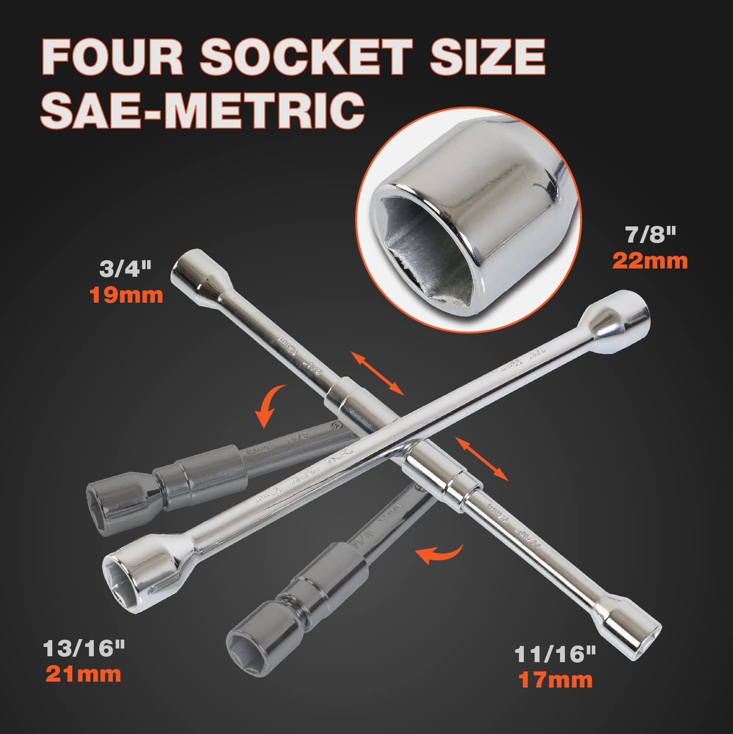 Jack Boss Folding Lug Wrench 4 Way,14-Inch Sae + Metric Tire Cross Wrench Universal And Foldable Wheel Wrench For Car,Trucks