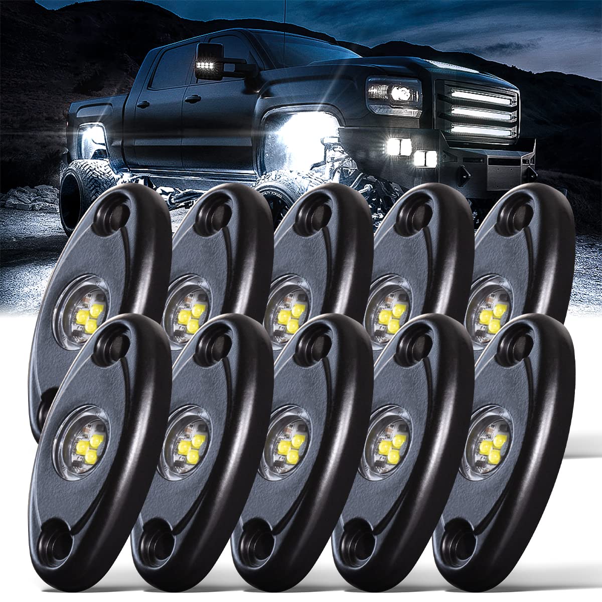 LEDMIRCY LED Rock Lights 10PCS White for Off Road Truck RZR Auto Car Boat ATV SUV Waterproof High Power Neon Trail Rig Lights (P