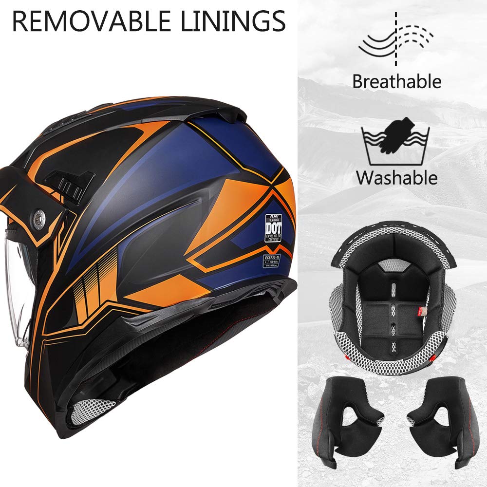 Ilm Off Road Motorcycle Dual Sport Helmet Full Face Sun Visor Dirt Bike Atv Motocross Casco Dot Certified Model 606V(Orange, Xl)