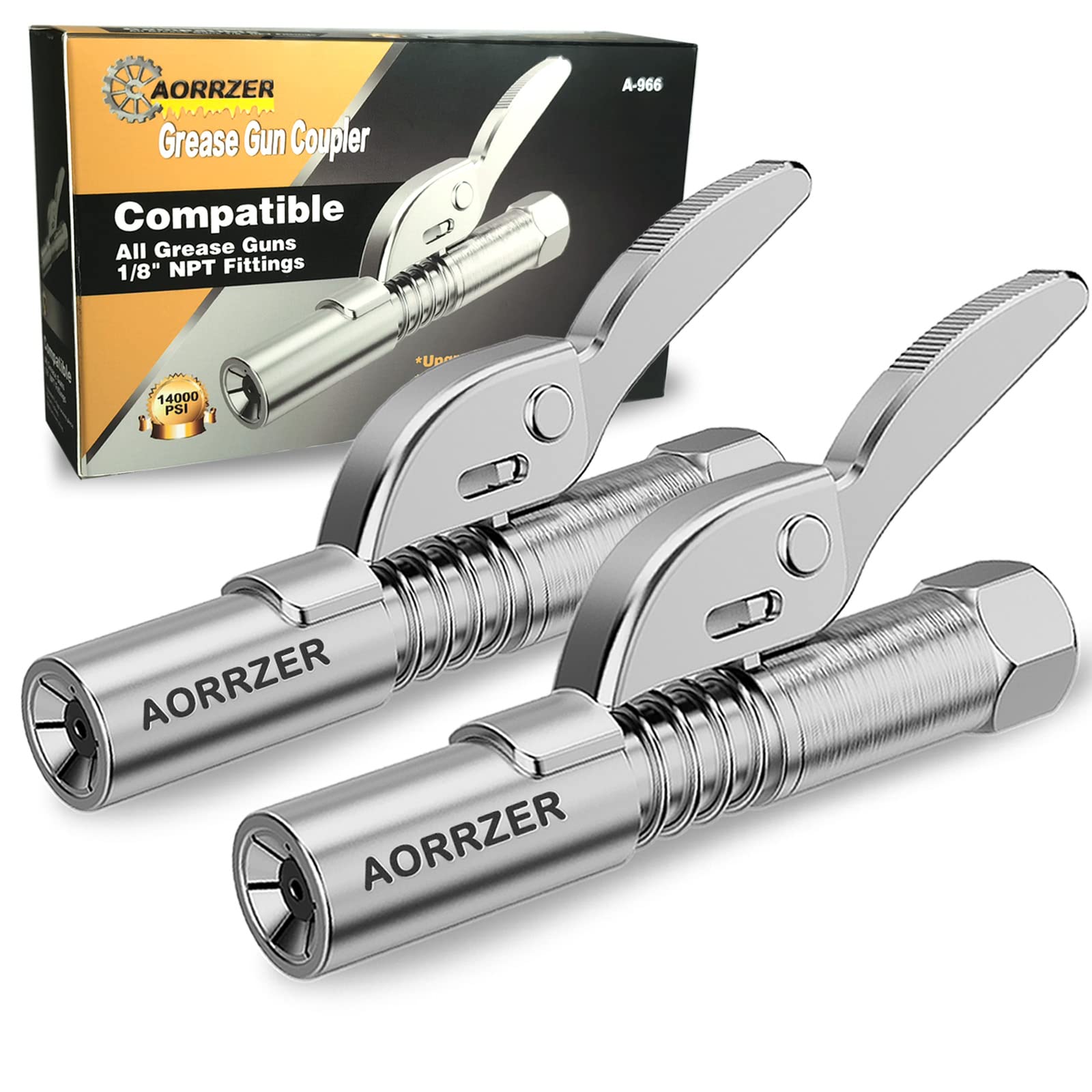 Aorrzer Grease Gun Coupler 2 Pcs, Strong Lock-On Greases Gun Couplers, 12000 Psi High Pressure Coupler Quick Release Grease, Dur