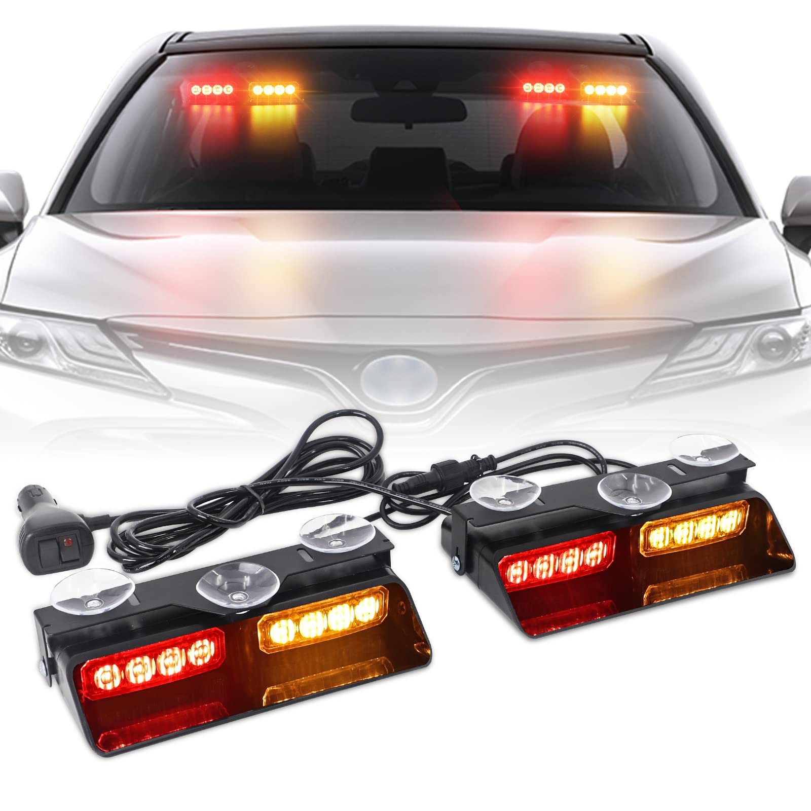 Xridonsen 2 In 1 Dash Emergency Strobe Lights Interior Windshield Lights Red Amber Warning Safety Flash Law Enforcement W/Suction Cups For Volunteer Police Vehicles, Trucks (2×7.16 Inch, 16 Led)
