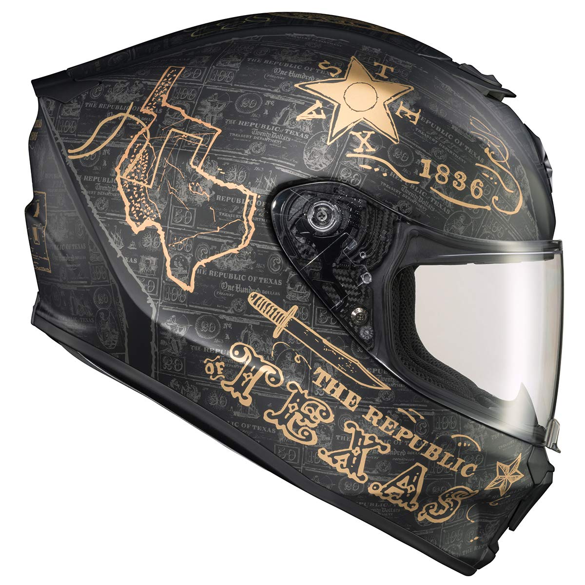 ScorpionEXO R420 Full Face Motorcycle Helmet with Bluetooth Ready Speaker Pockets DOT SNELL Lone Star (Black/Gold - 3X)