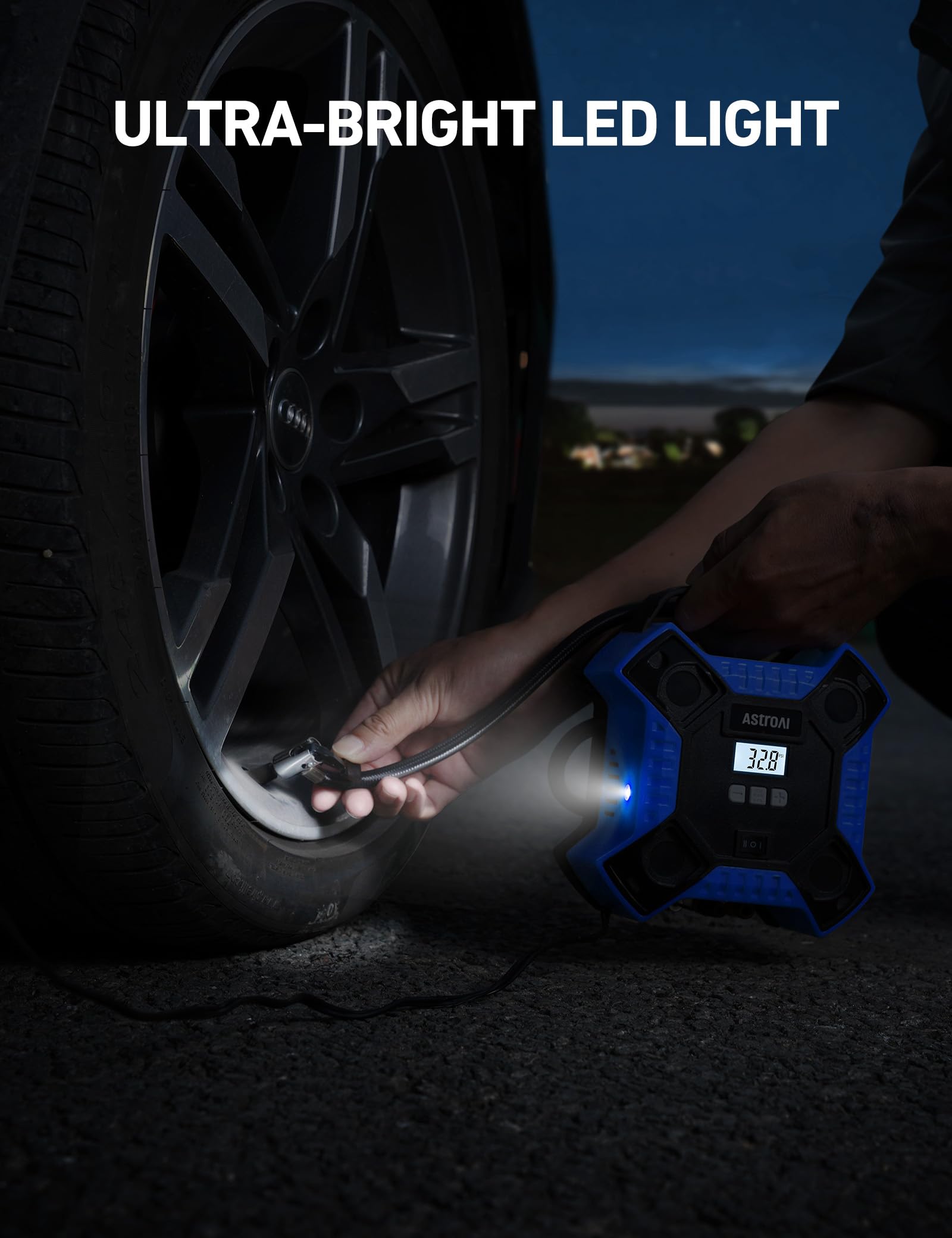 AstroAI Portable Tire Inflator Air Compressor 12V DC 160PSI with LED Light - Blue for Cars, Bicycles, Motorcycles, and Inflatables