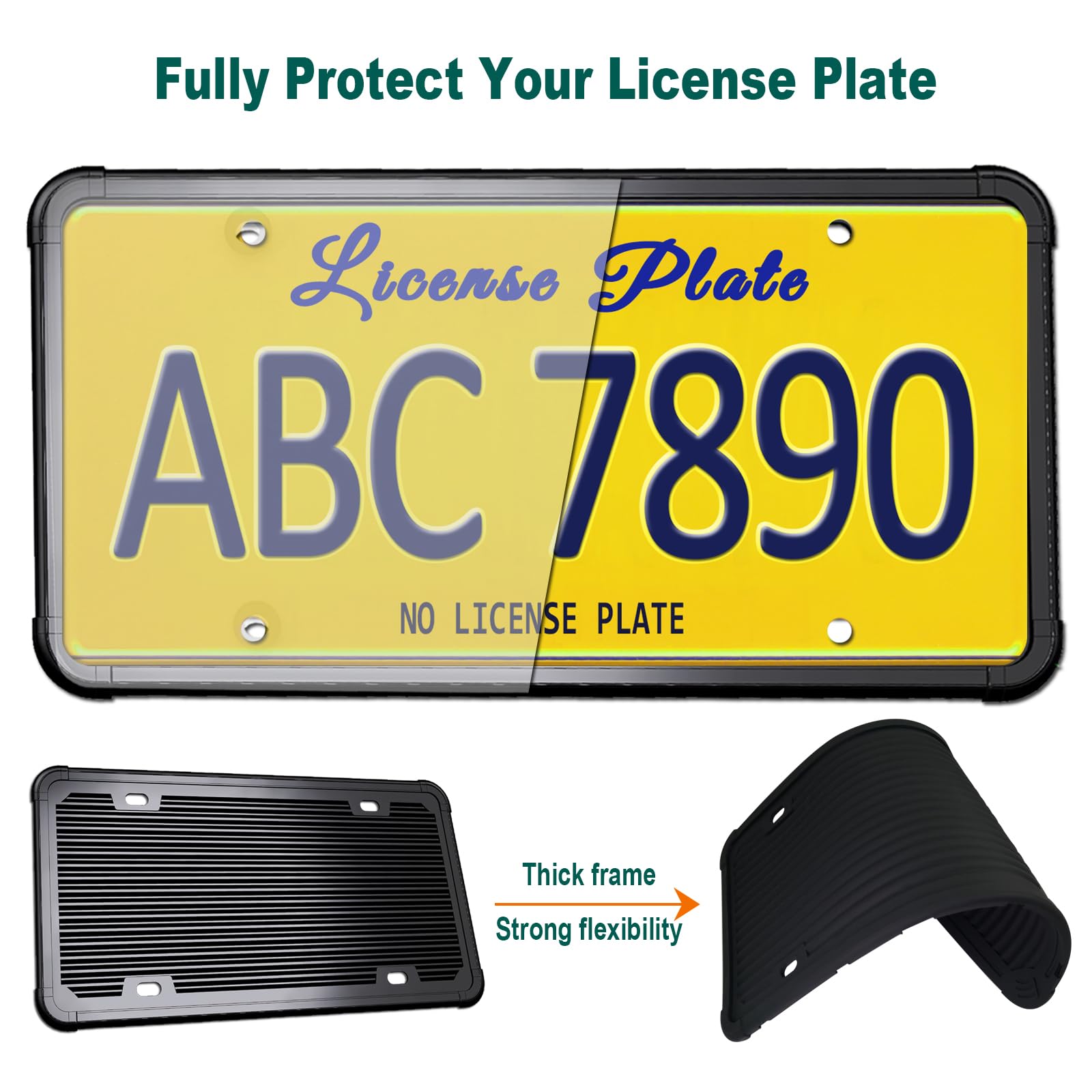 Tuersan Silicone License Plate Frame Combo - Clear Flat Shield & Rustproof Black Holder with Stainless Steel Screws, Unbreakable Protector