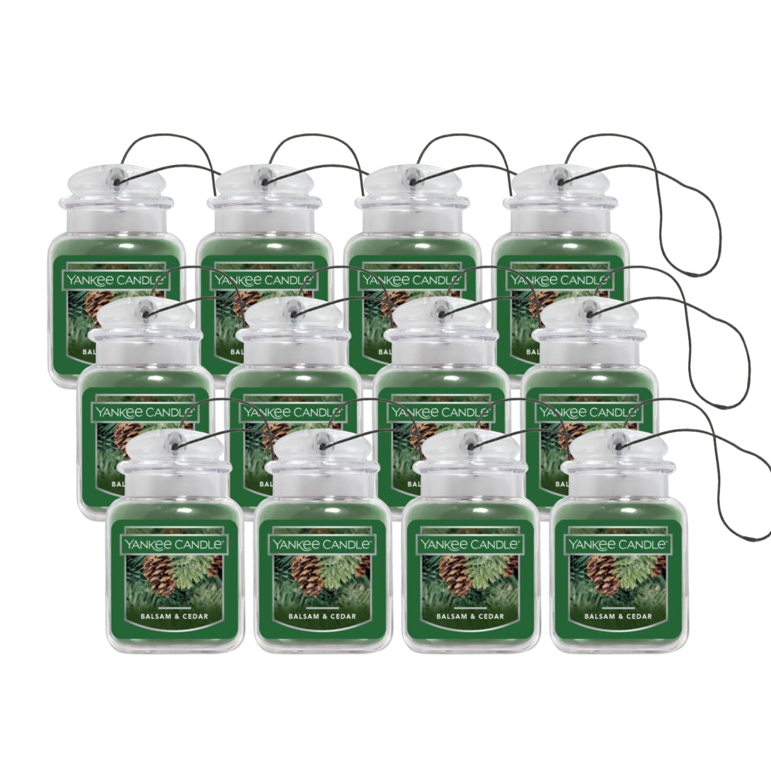 Yankee Candle Car Air Fresheners, Hanging Car Jar Ultimate, Neutralizes Odors Up To 30 Days, Balsam & Cedar, 0.96 OZ (Pack of 12