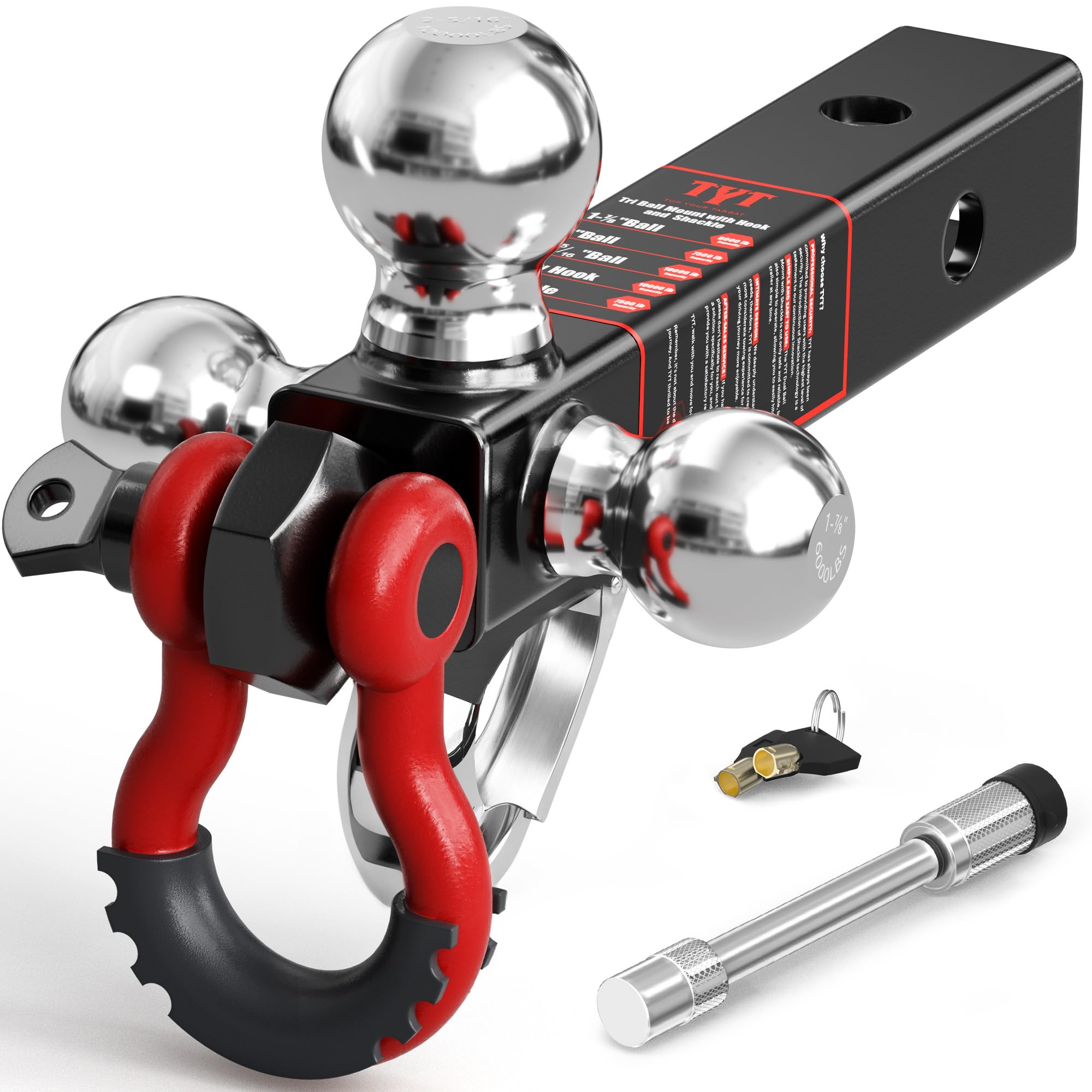 TYT Tri Ball Hitch Trailer Mount With Locks, Tow Hook & Clevis Shackle, Fits 2 Inch Receiver With 2-5/16, 2, 1-7/8 Ball, Black