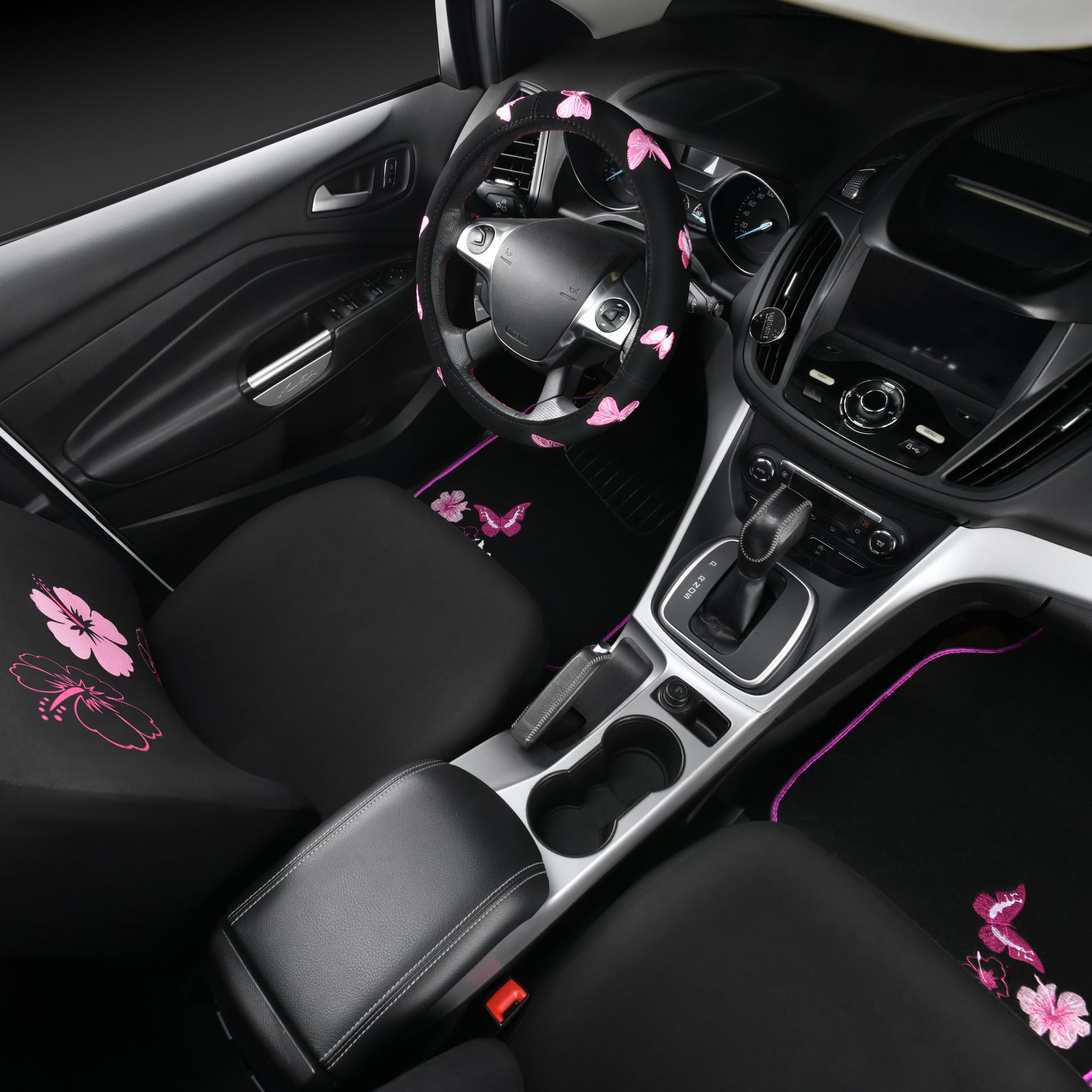 Car Pass Universal Cloth Butterfly Car Seat Covers Full Set, Embroidered Flower Waterproof Car Floor Mats Carpet, Butterflies St