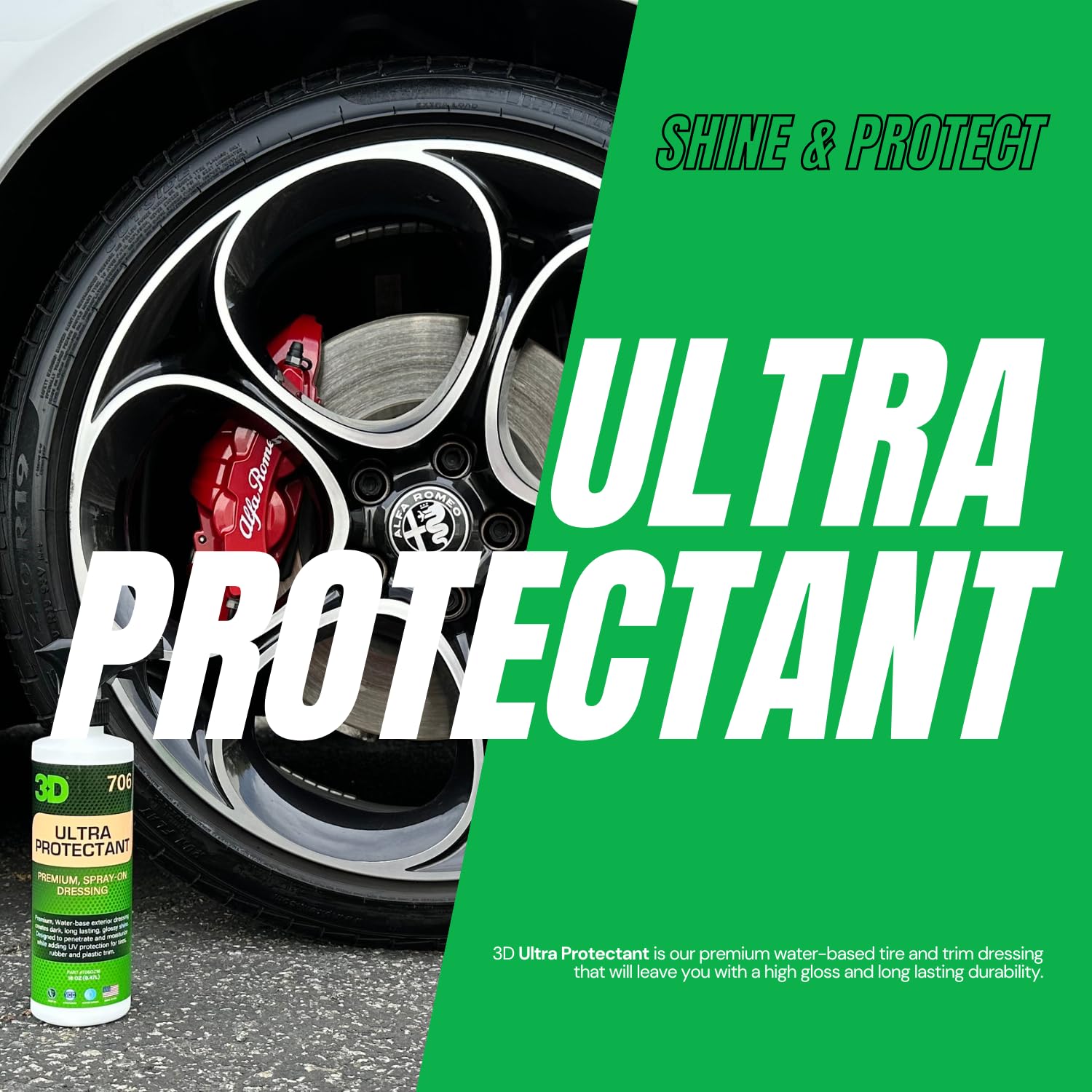 3D Ultra Protectant Tire Shine Spray - Water-Based High Gloss Dressing, UV Protection, 16 oz, No Sling, Made in USA