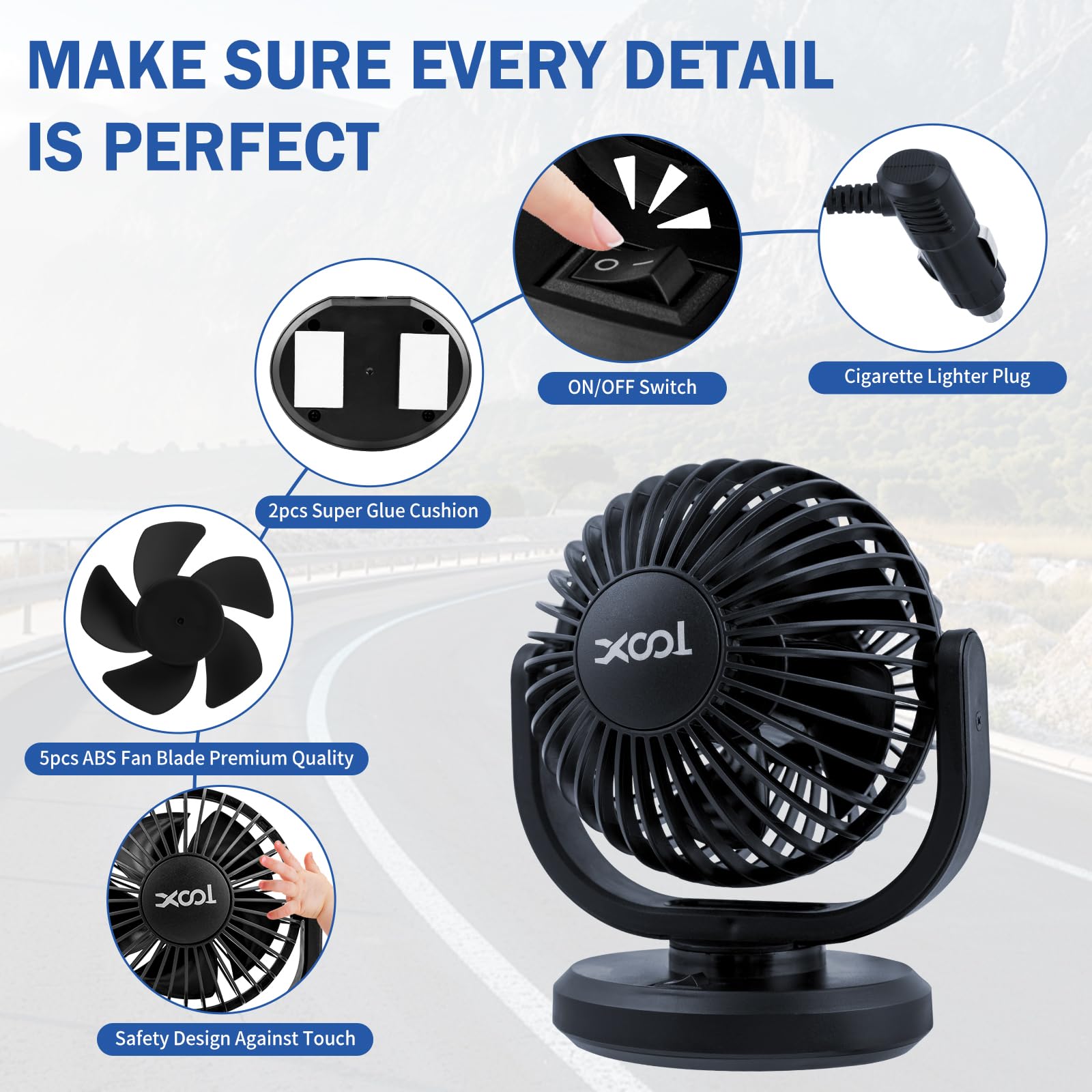 Xool 12V Car Fans, 4 '' Electric Car Cooling Air Fan Powerful Single Car Fan Cigarette Lighter Low Noise 360 Degree Rotatable Fo