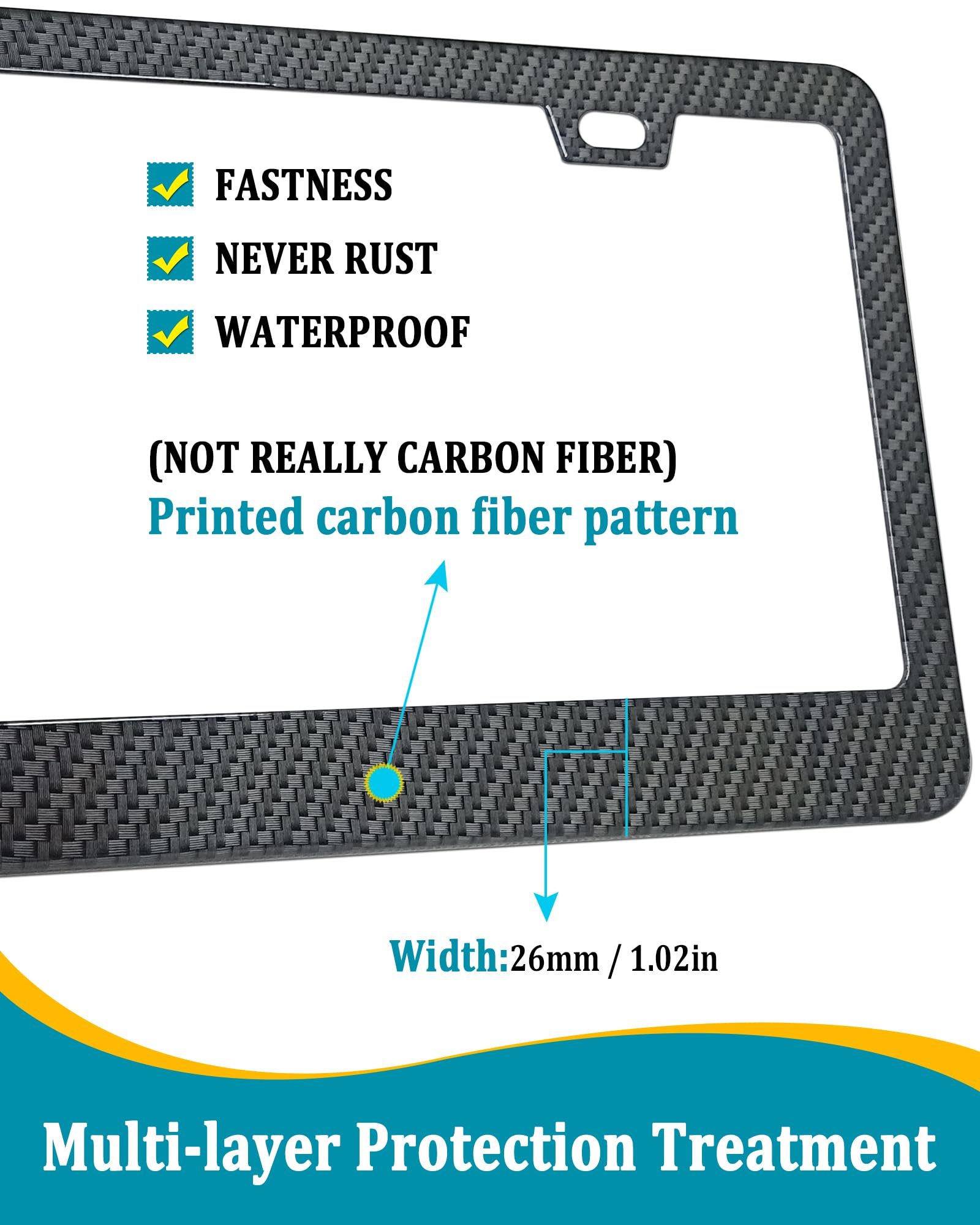 Aootf Carbon Fiber License Plate Frames - 2 Pack Black Aluminum 2 Holes Front & Rear Car Tag Cover Holder With Stainless Steel Screws, Caps And 2Pcs Anti-Rattle Foam Pads
