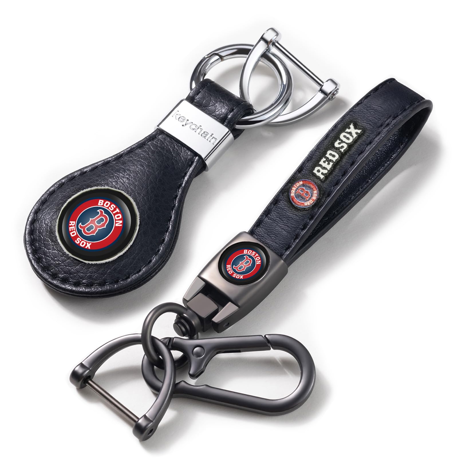 EMIJOY Red Sox Car Keychain Keyring for Baseball Fans,Boston Red Sox Accessory 2 Packs Leather Car Keychain,Women/Mens Key Chai