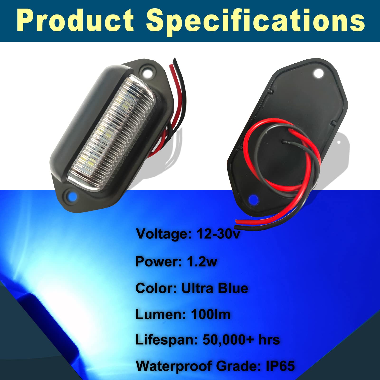 2Pcs Blue Led License Plate Light, 12V-24V Dc Waterproof 6-Smd License Plate Lamp Taillight, Universal For Truck Suv Trailer Van